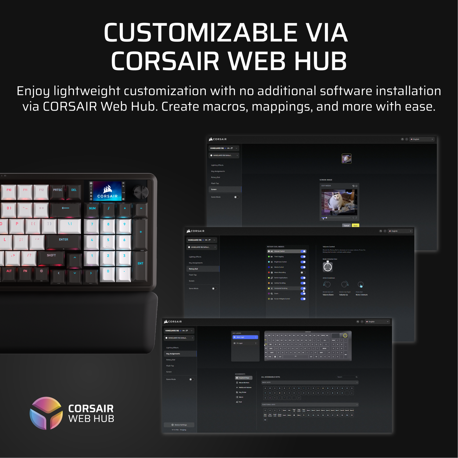A black keyboard with white keys and a screen displaying Corsair Web Hub, with multiple windows and a logo.