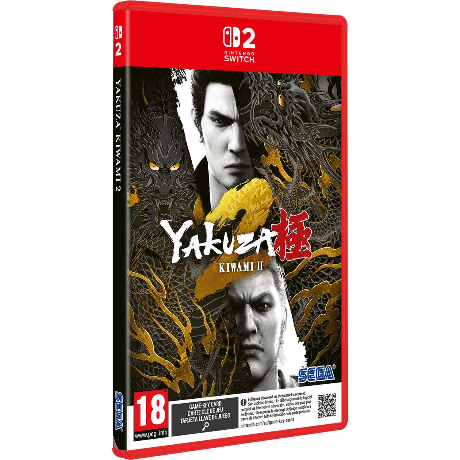 Boîte de jeu Yakuza Kiwami 2 pour Nintendo Switch. Comporte le visage d'un homme divisé par un motif de dragon. Bordure rouge avec classification PEGI 18.