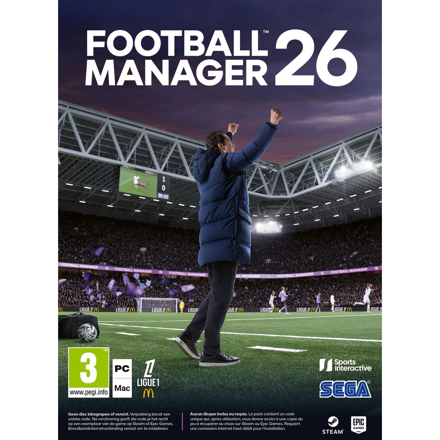 Man in blauwe jas viert op groen veld, stadion op achtergrond. Football Manager 26 logo bovenaan.