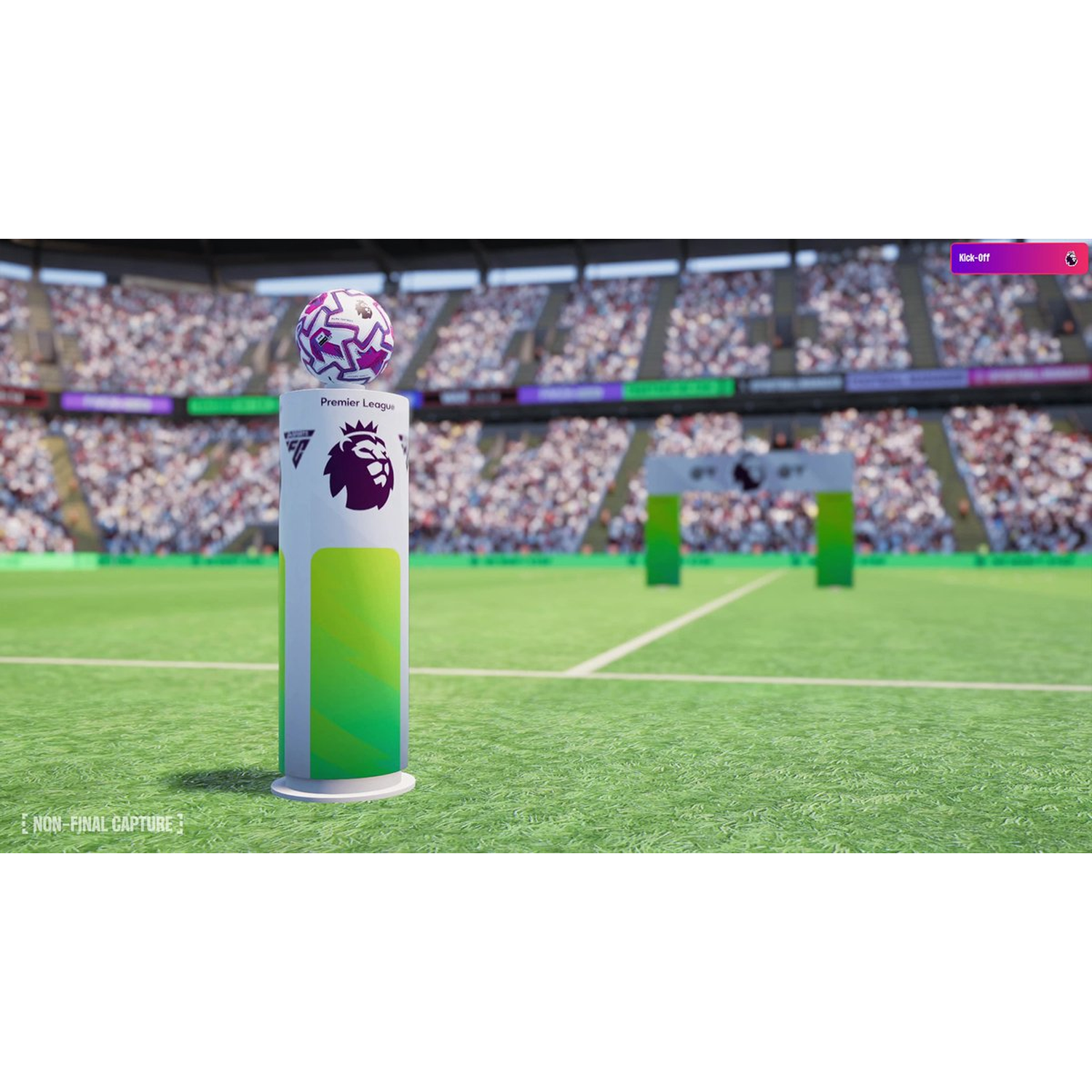 Een voetbalstadion met een bal op een standaard. Groen veld, volle tribunes en een Premier League logo.