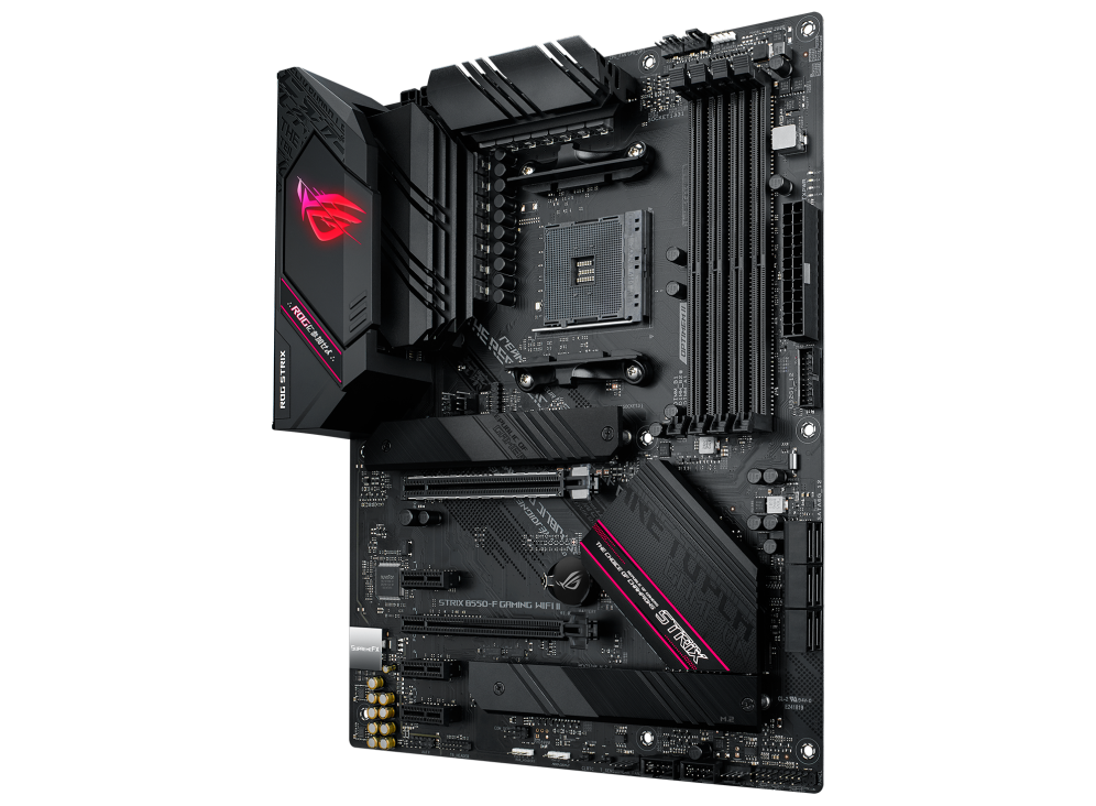 Ein schwarzes ROG Strix B550-F Gaming-Motherboard mit pinken Akzenten. Merkmale sind CPU-Sockel, RAM-Steckplätze und das ROG Strix-Logo.