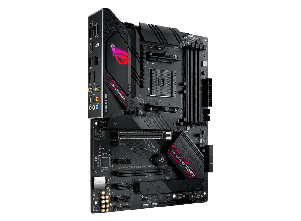 Ein schwarzes Computer-Motherboard mit ROG Strix-Branding. Es hat verschiedene Anschlüsse, Steckplätze und einen CPU-Sockel. Der Hintergrund ist ein Farbverlauf.