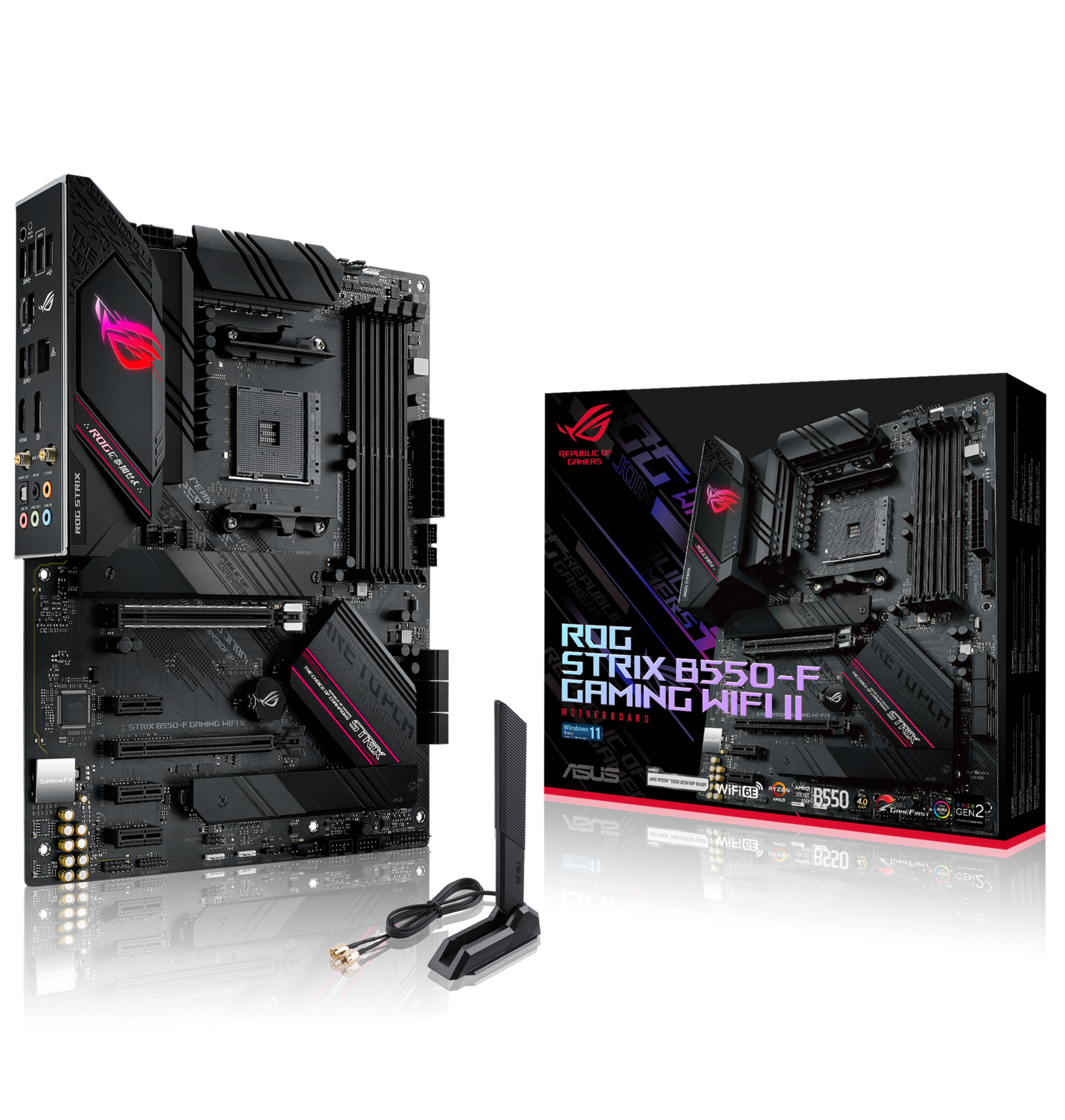 Ein schwarzes ASUS ROG Strix B550-F Gaming WiFi II-Motherboard mit Antenne und Verpackung. Die Box zeigt das Motherboard.