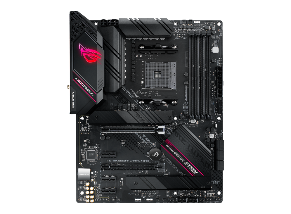 Ein schwarzes ROG Strix B550-F Gaming WIFI II-Motherboard mit roten Akzenten. Verfügt über mehrere Anschlüsse und Steckplätze sowie ROG Strix-Branding.