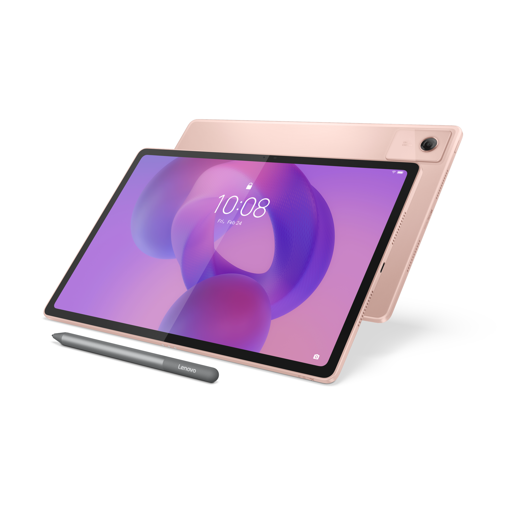 Ein roségoldenes Lenovo-Tablet mit Stift. Der Bildschirm zeigt Uhrzeit und Datum. Ein schwarzer Hintergrund umgibt das Tablet.