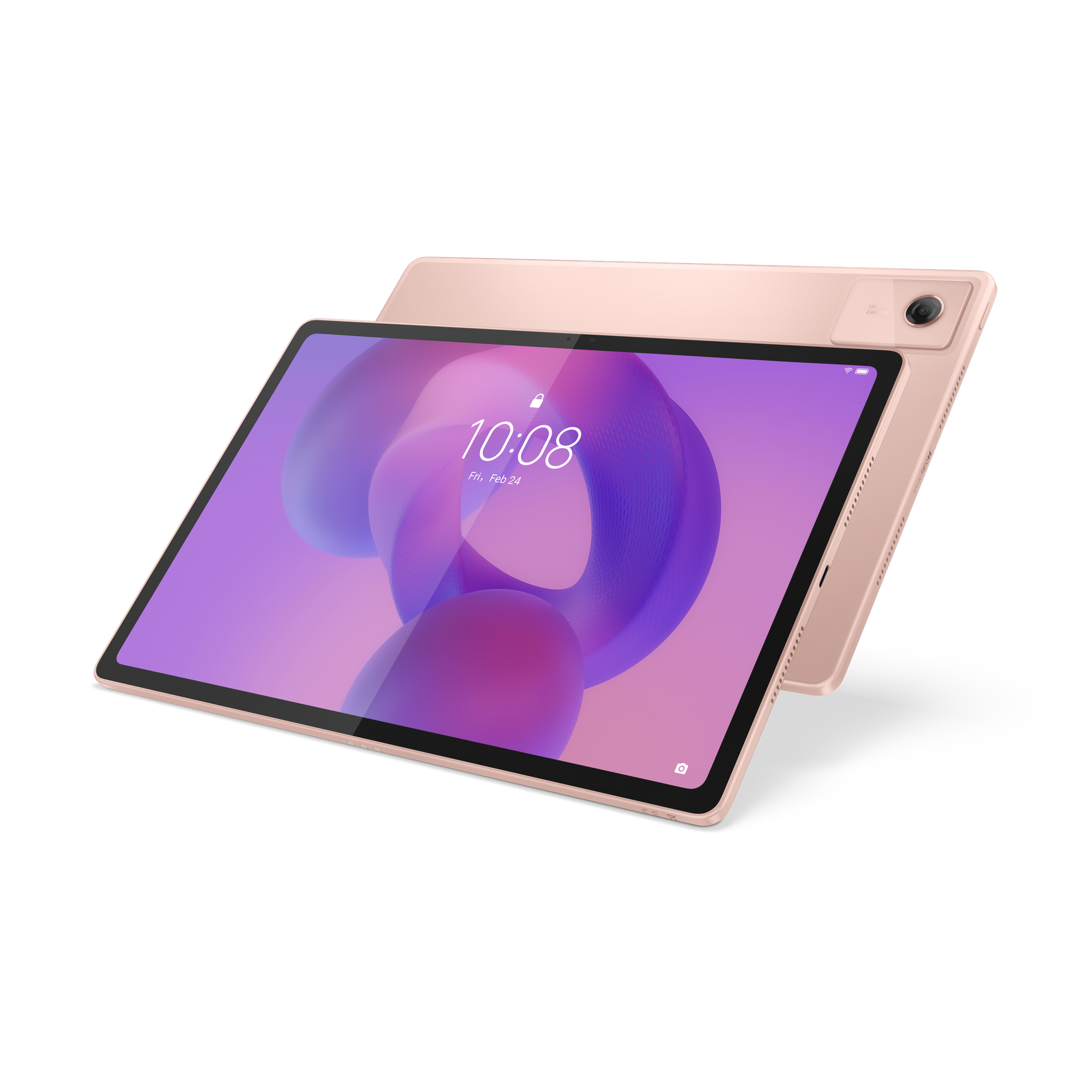 Ein goldfarbenes Tablet zeigt ein lila-weißes Design auf dem Bildschirm, mit Uhrzeit und Datum. Der Hintergrund ist schwarz.