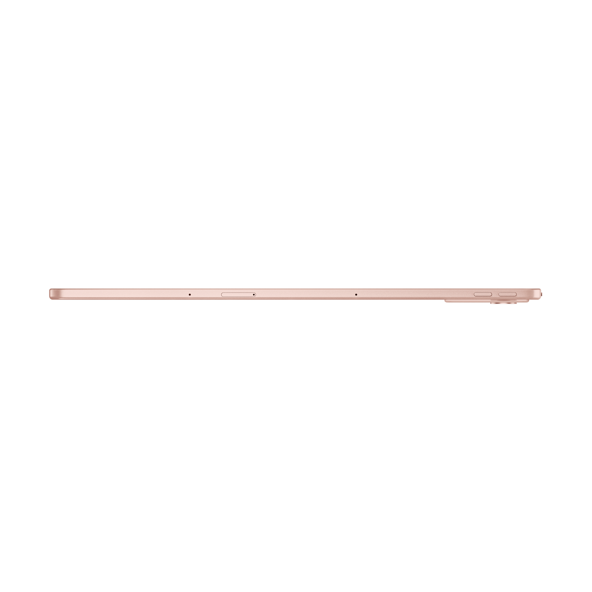 Ein roségoldenes Tablet auf schwarzem Hintergrund. Das Tablet ist von der Seite zu sehen und zeigt sein dünnes Profil.