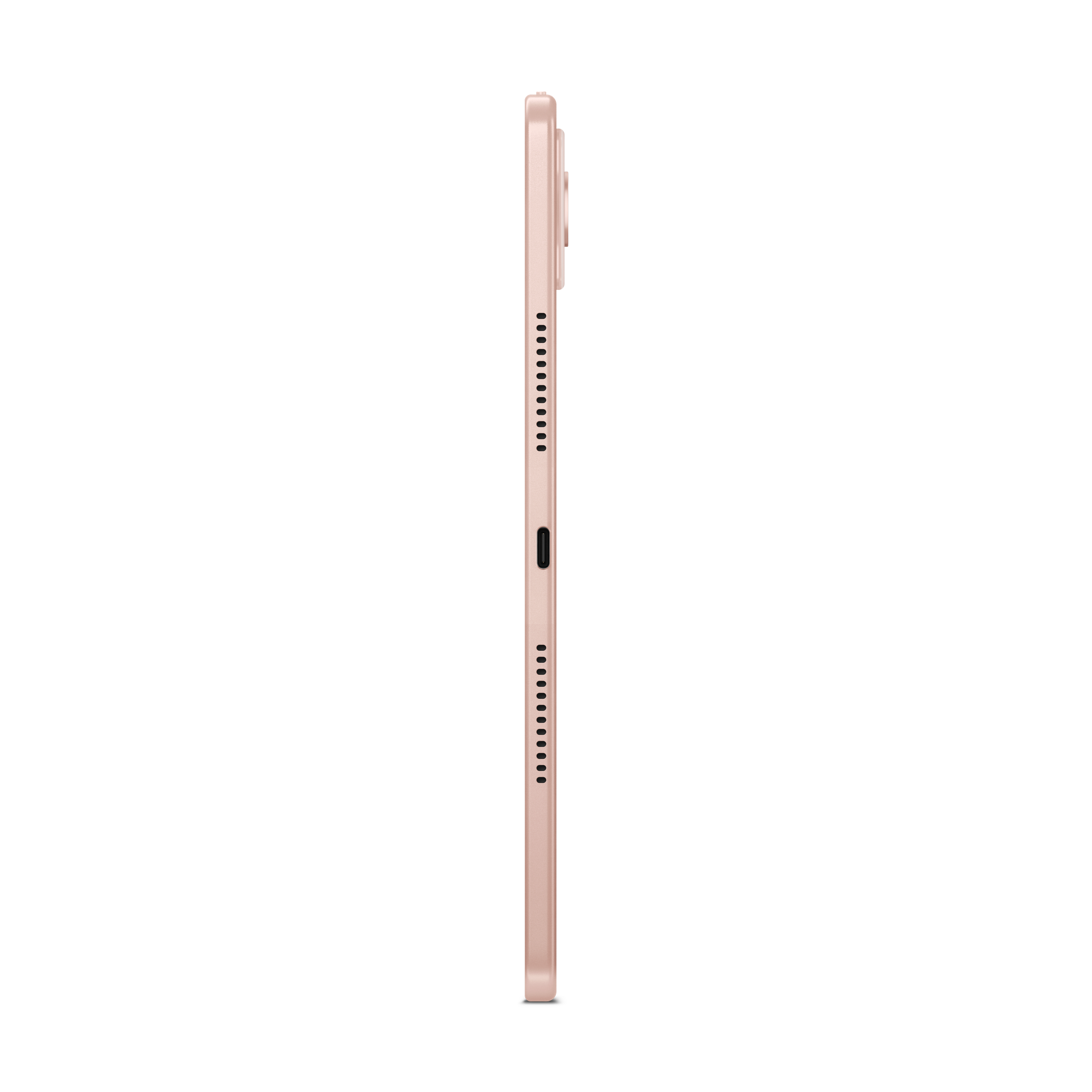 Seitenansicht eines goldenen Tablets mit schwarzem Hintergrund. Das Tablet hat einen Ein- und Ausschalter.