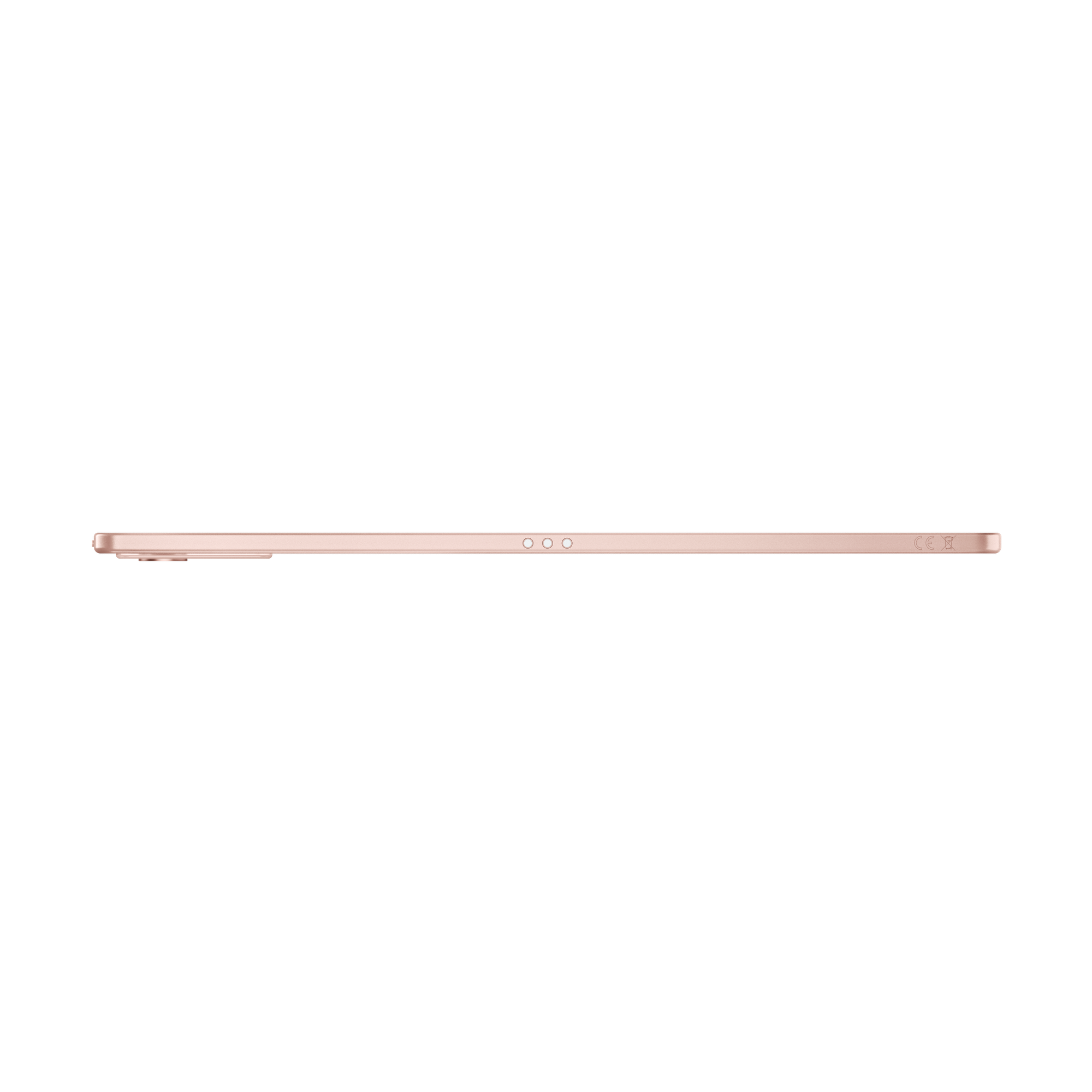 Seitenansicht eines roségoldenen Tablets vor schwarzem Hintergrund. Es hat drei Löcher an der Seite und CE-Kennzeichnungen.