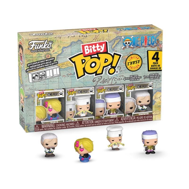 Ein 'Bitty Pop'-Box-Set mit One Piece-Charakteren. Vier Figuren werden gezeigt. Die Box hat eine Weltkarte und das Funko-Logo.