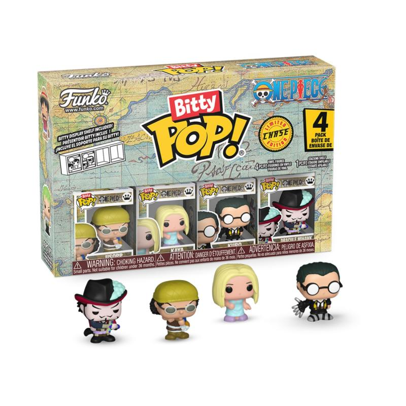 Ein Funko Bitty Pop Box-Set mit One Piece-Charakteren. Die Box zeigt Figuren von Usopp, Kaya, Kuro und Dracule Mihawk.