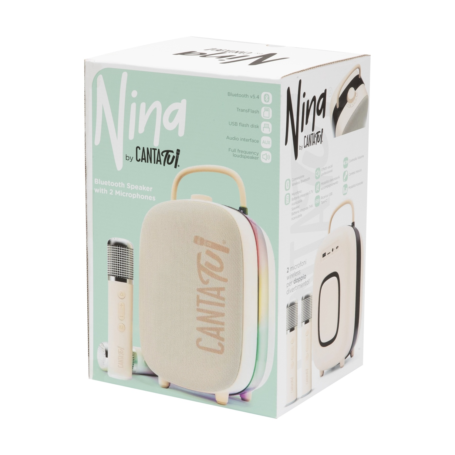 Altoparlante Bluetooth Nina in scatola con due microfoni. Altoparlante beige con maniglia e microfoni bianchi. La scatola ha dettagli.