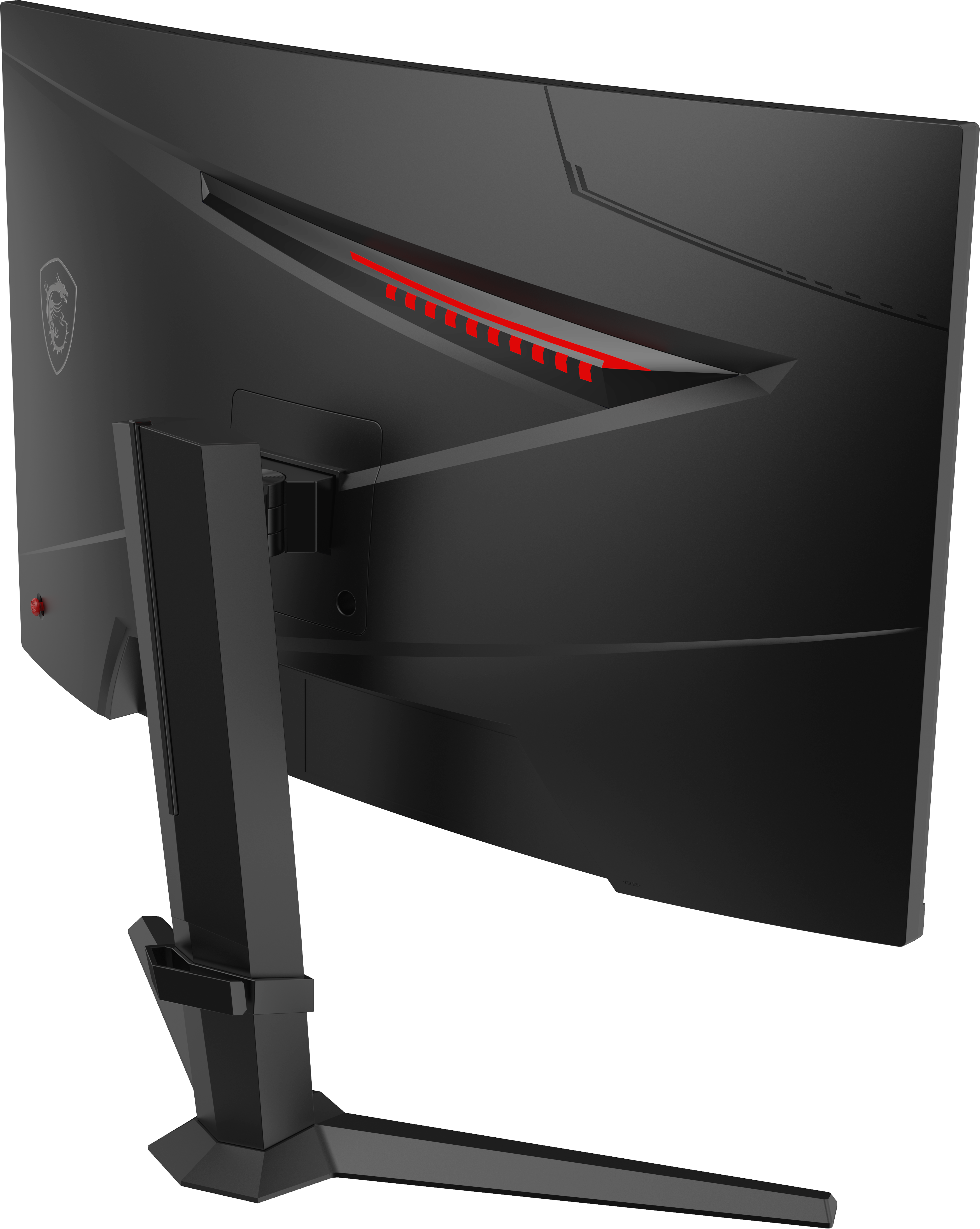 Ein schwarzer Computermonitor mit einem rot beleuchteten Streifen, schräge Ansicht. Der Monitor steht auf einem schwarzen Ständer.