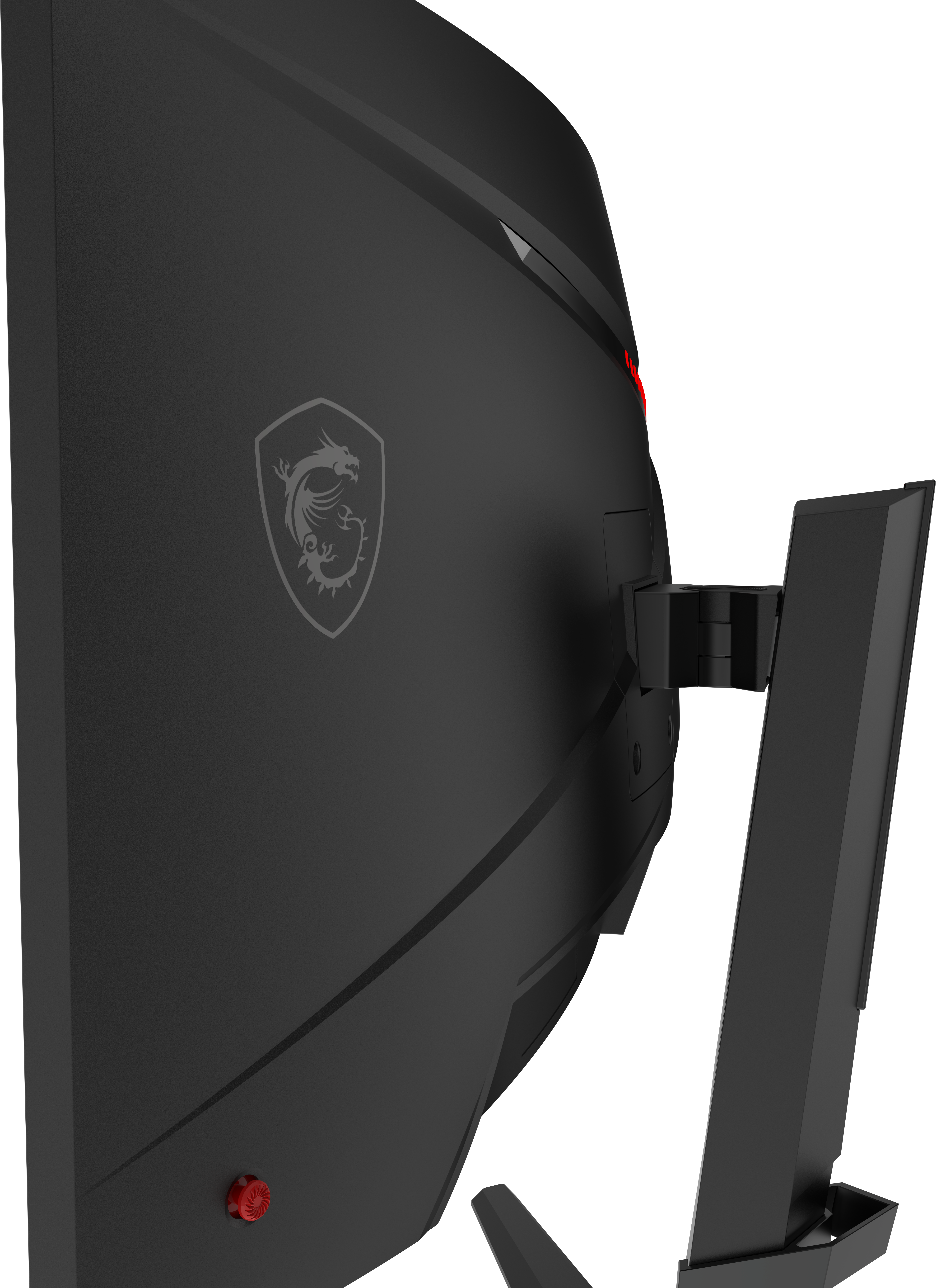 Schwarzer MSI-Monitor nach rechts abgewinkelt. Verfügt über ein Drachenlogo, einen roten Knopf und einen Ständer. Die Rückseite ist strukturiert.