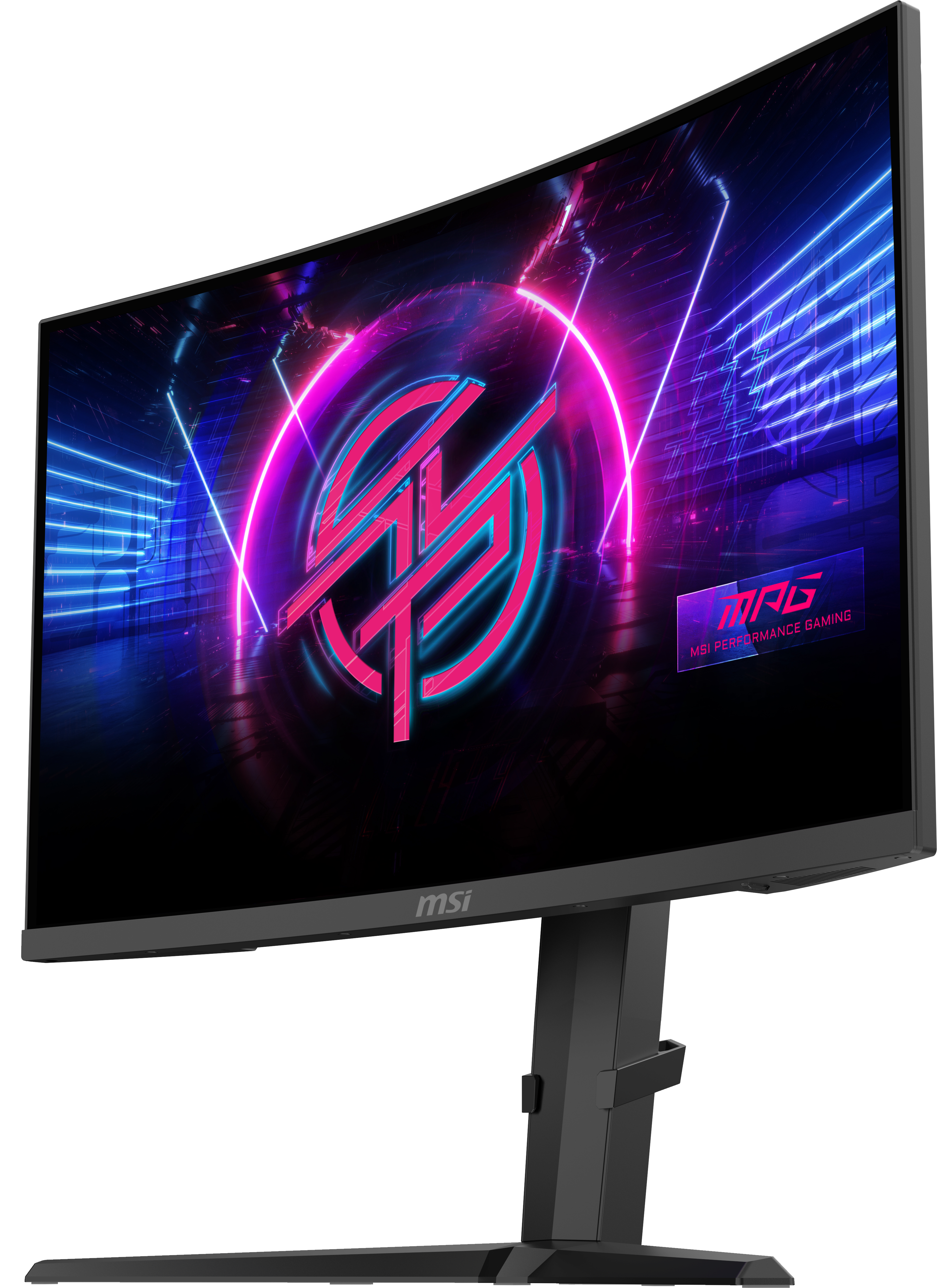Gebogener MSI-Gaming-Monitor mit Neon-Grafik. Der Ständer und die Basis sind schwarz. MSI-Logo ist sichtbar.