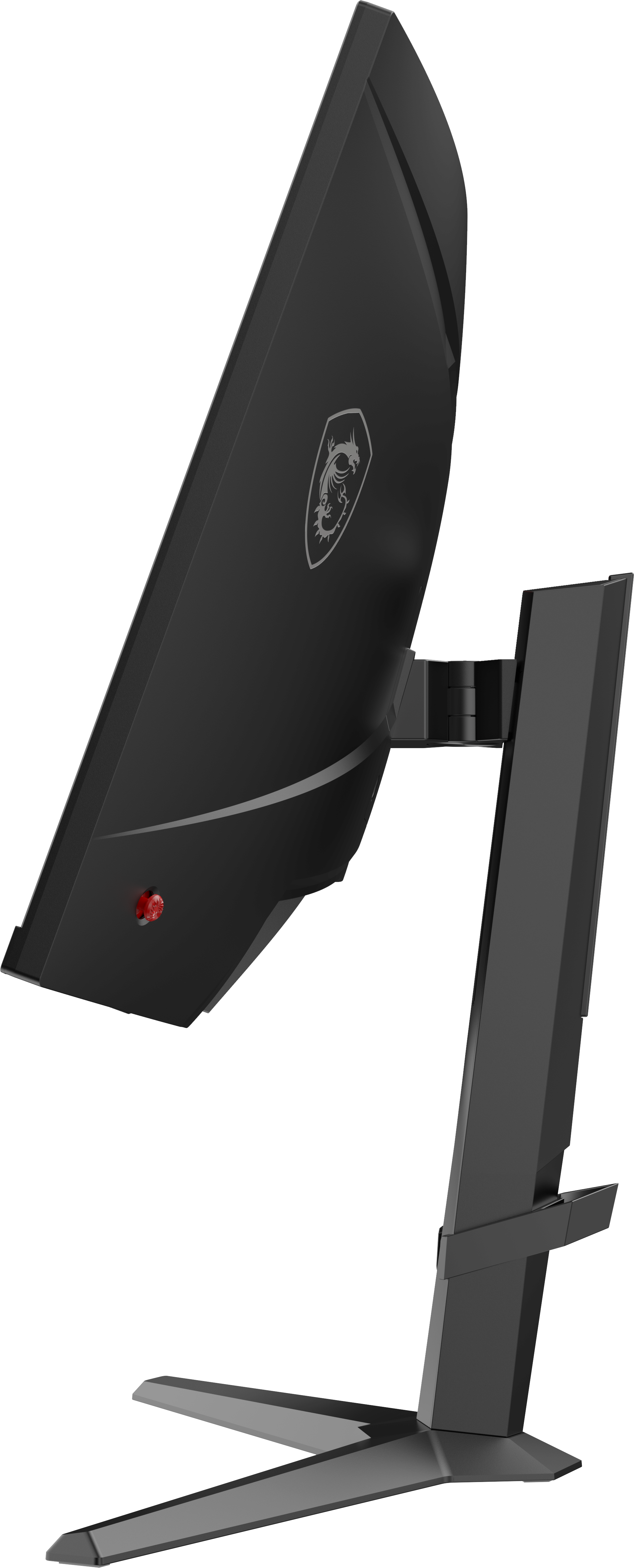 Ein schwarzer Computermonitor ist abgewinkelt und zeigt die Rückseite. Er hat einen Ständer, einen roten Einschaltknopf und das MSI-Logo.