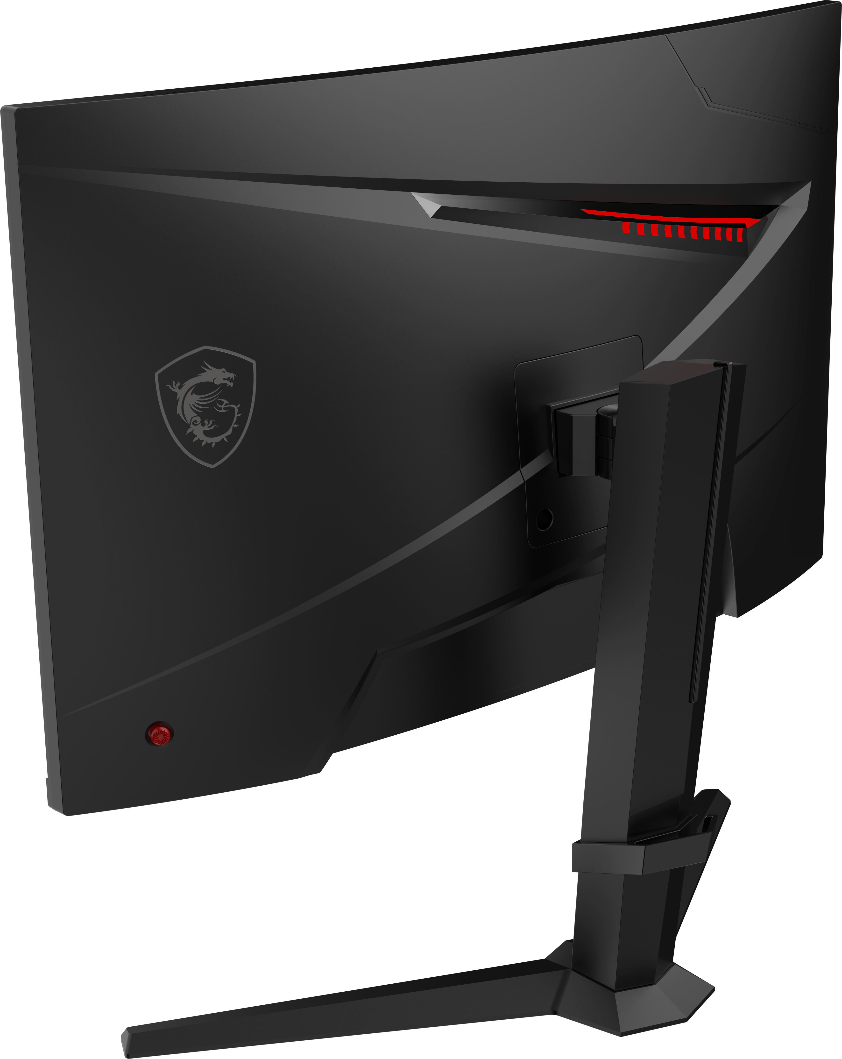 Rückansicht eines schwarzen Computermonitors. Es hat ein rotes Licht und ein Logo. Der Ständer ist auch schwarz.