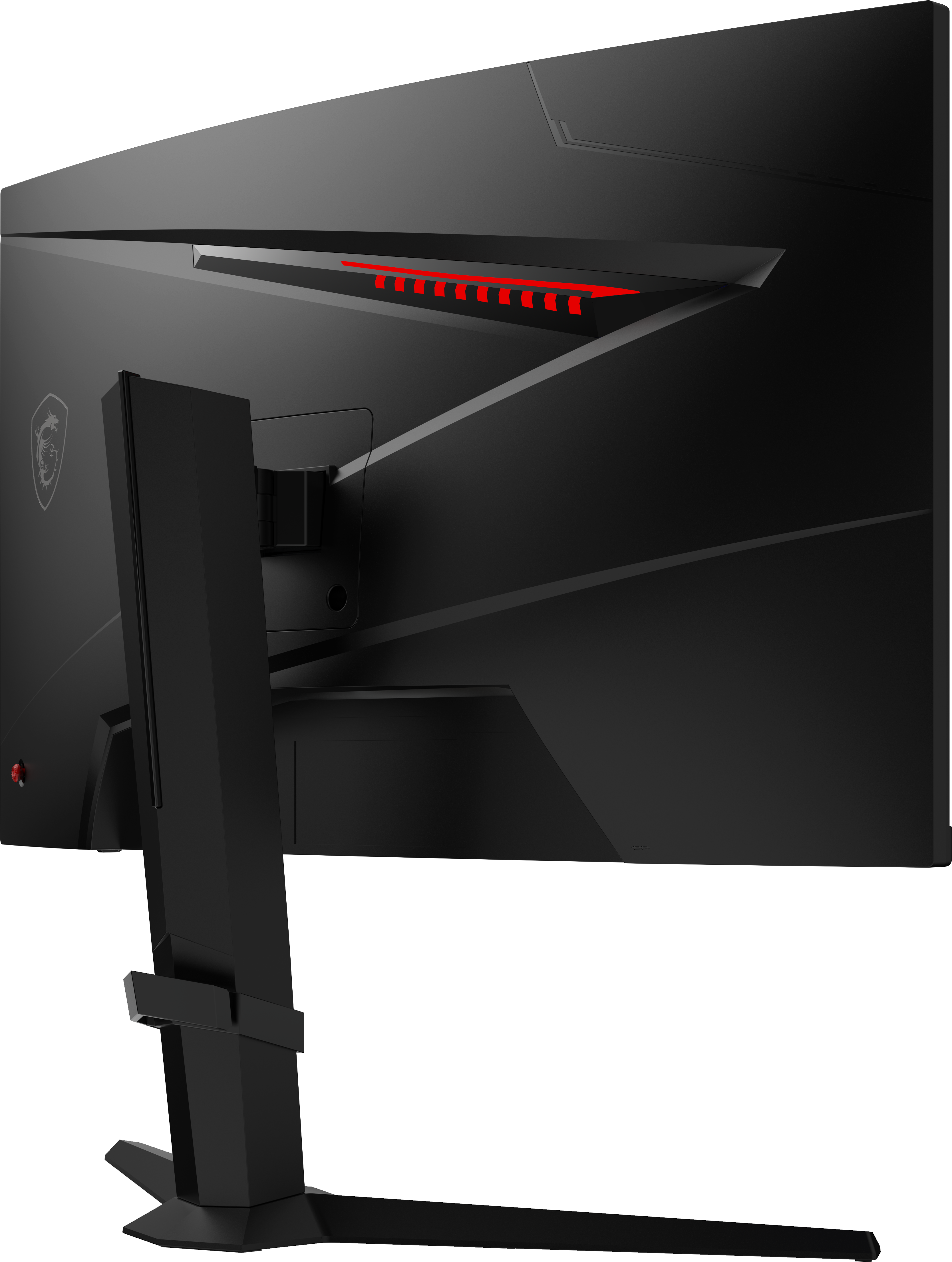 Rückseite eines schwarzen, gebogenen Monitors mit roten Akzenten. Er hat einen Ständer und das MSI-Logo ist sichtbar.