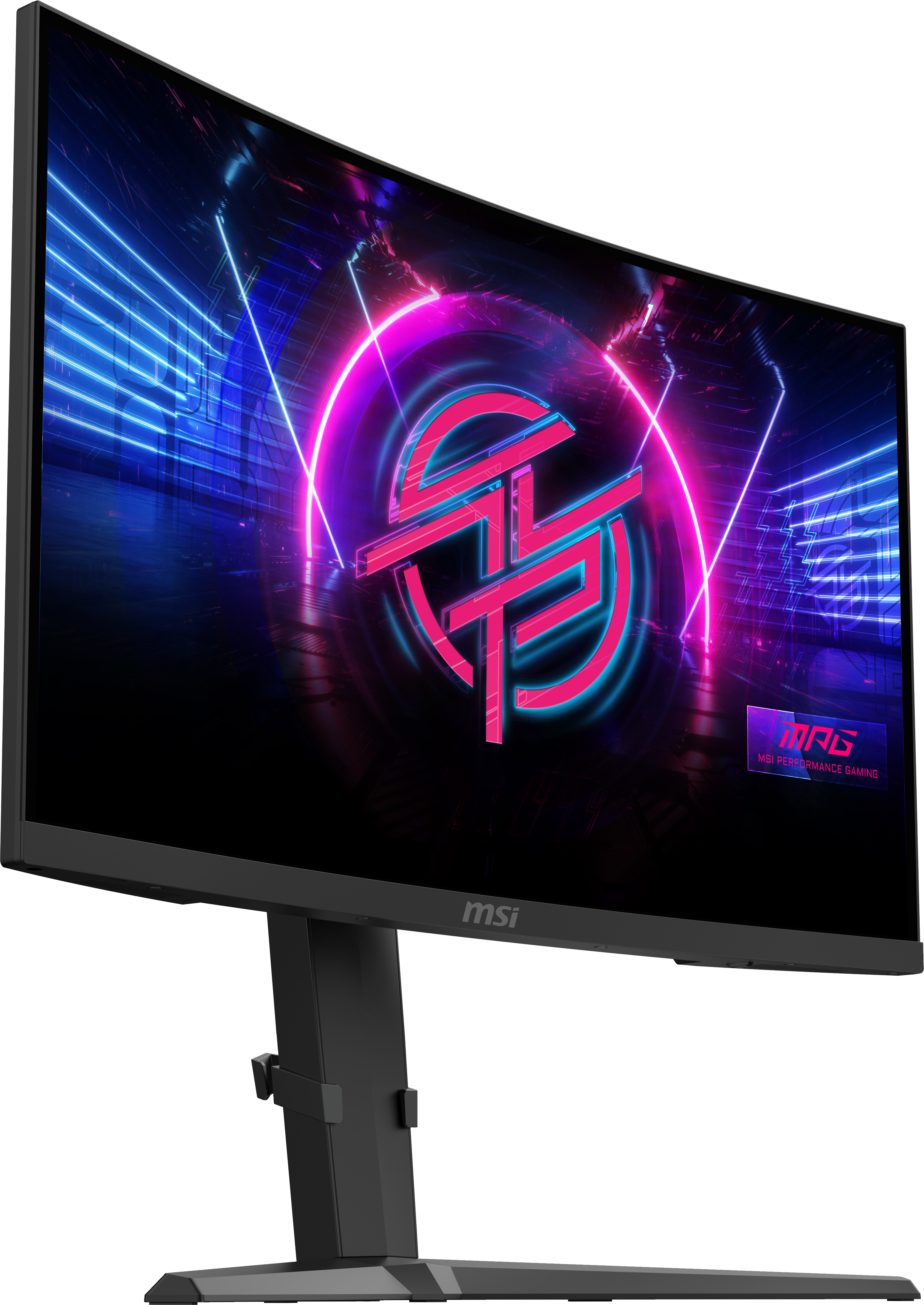 MSI-Gaming-Monitor mit gebogenem Bildschirm. Der Bildschirm zeigt eine pinke und blaue Neon-Grafik.