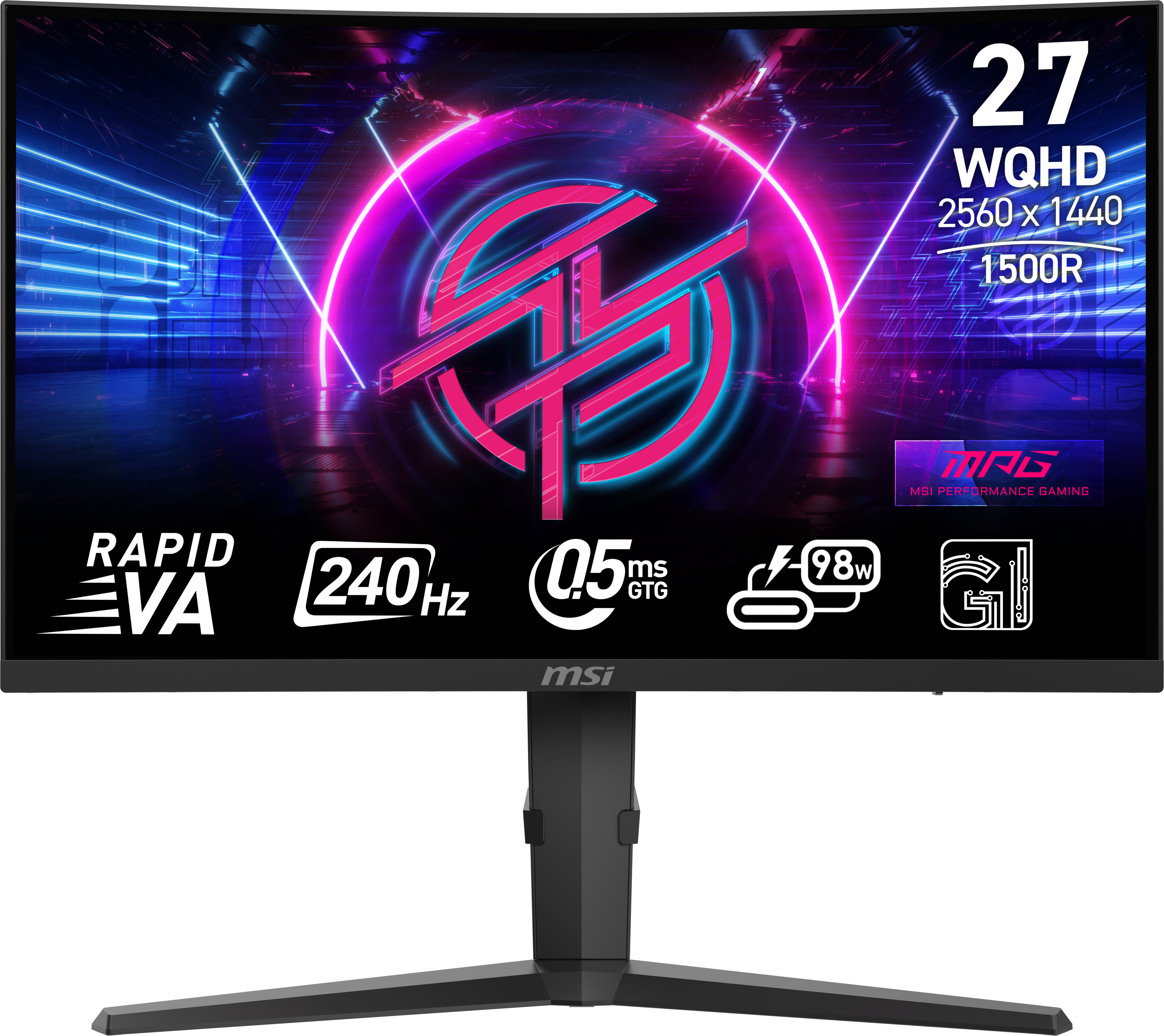 MSI-Gaming-Monitor. Schwarzer Rahmen, gebogener Bildschirm. Merkmale: 27", WQHD, 240 Hz, 0,5 ms und MSI-Logo. Das Display zeigt ein abstraktes Design.