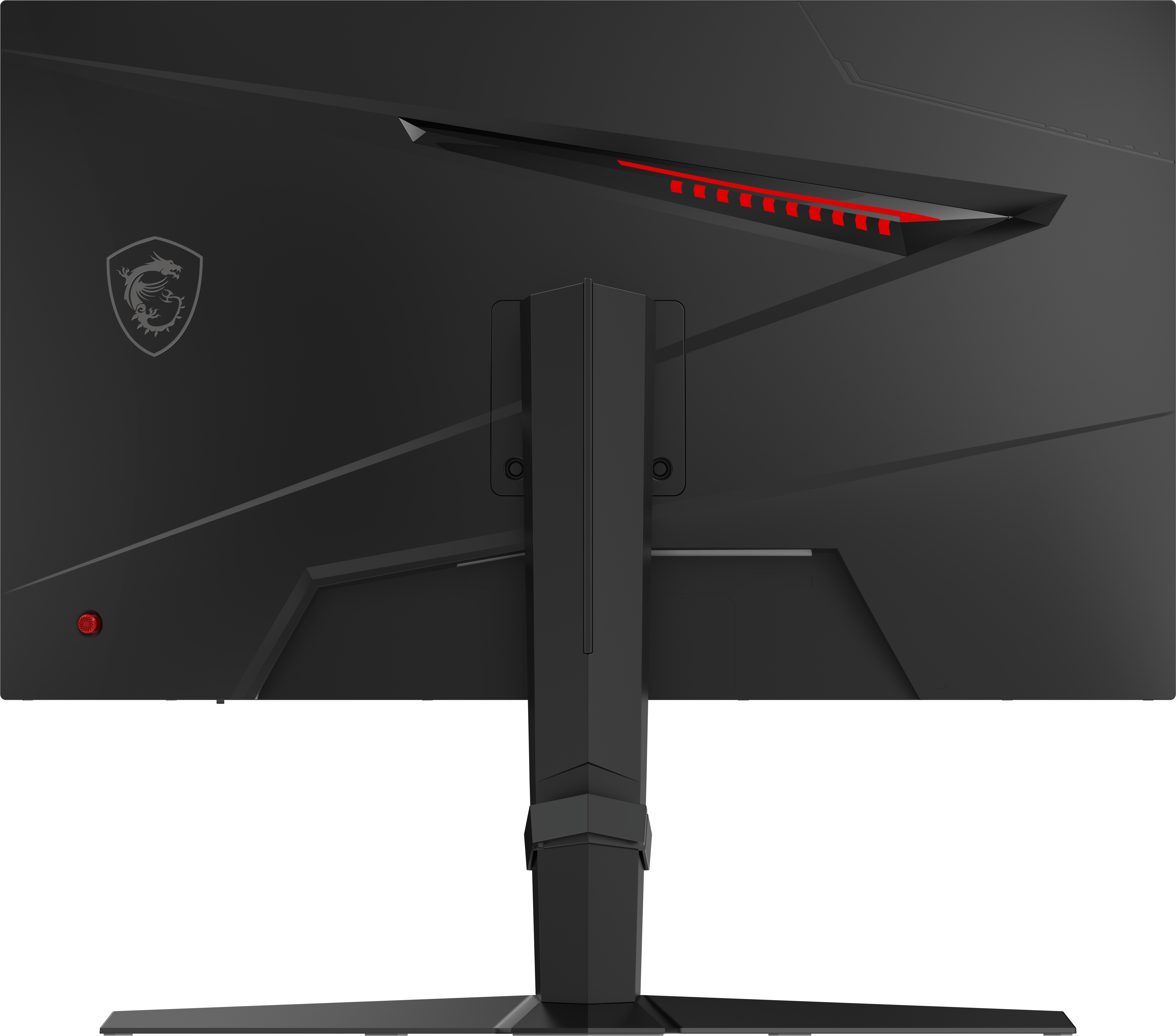 Schwarze Monitorrückseite mit roten Akzenten. Enthält einen Ständer, MSI-Logo und einen roten Power-Knopf.