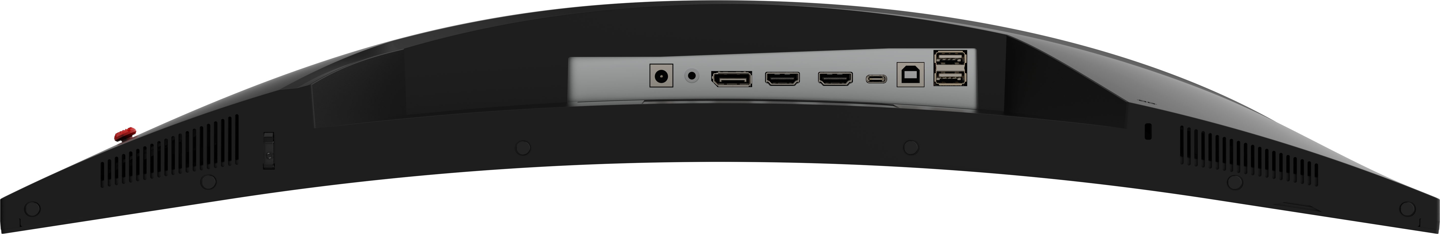 Rückansicht eines gebogenen schwarzen Monitors. Sichtbar sind Anschlüsse für Strom, HDMI, USB und andere.