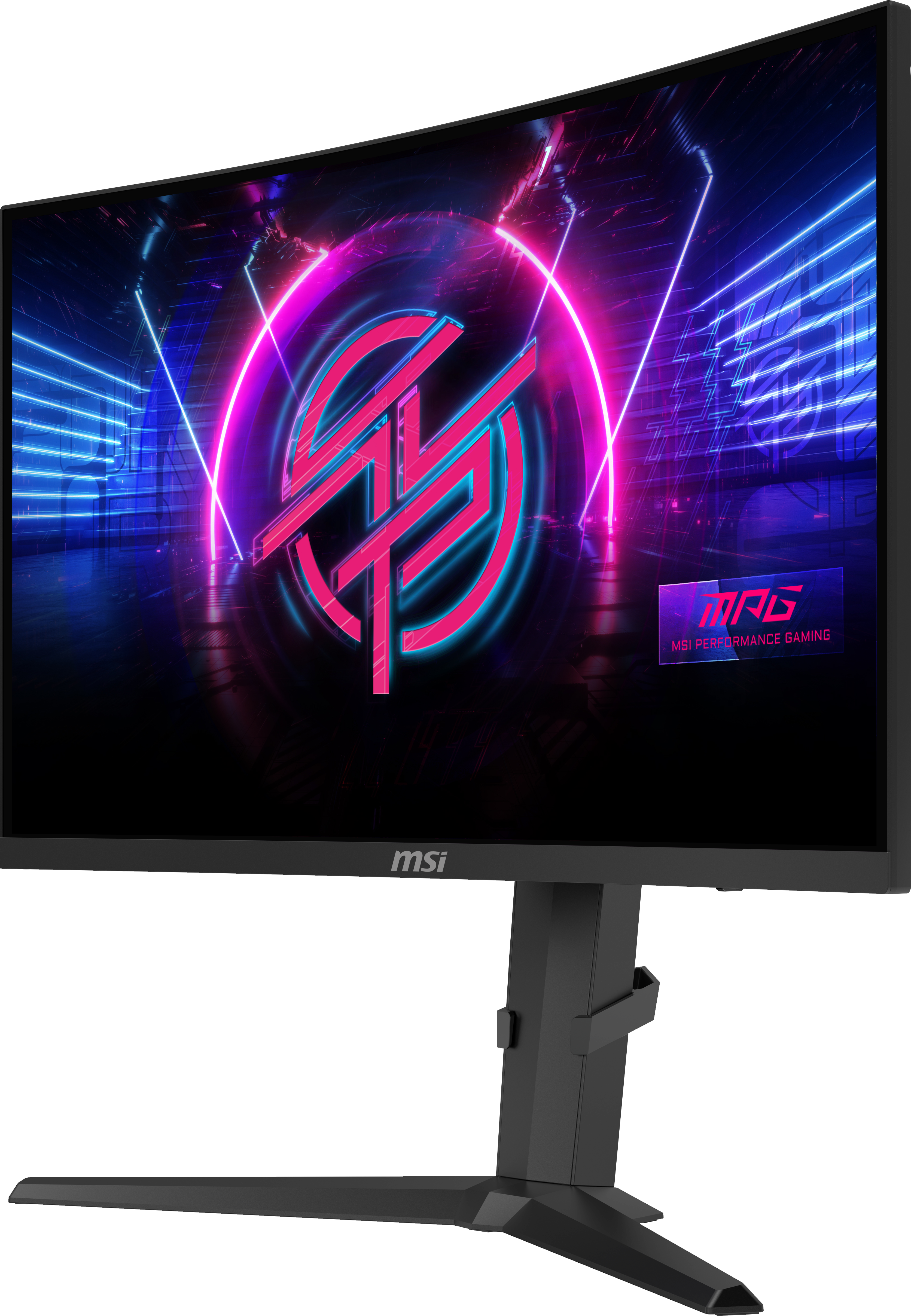 Ein gebogener MSI-Gaming-Monitor. Der Bildschirm zeigt eine Neon-Grafik mit einem Logo. Der Monitor ist schwarz und steht auf einem schwarzen Ständer.