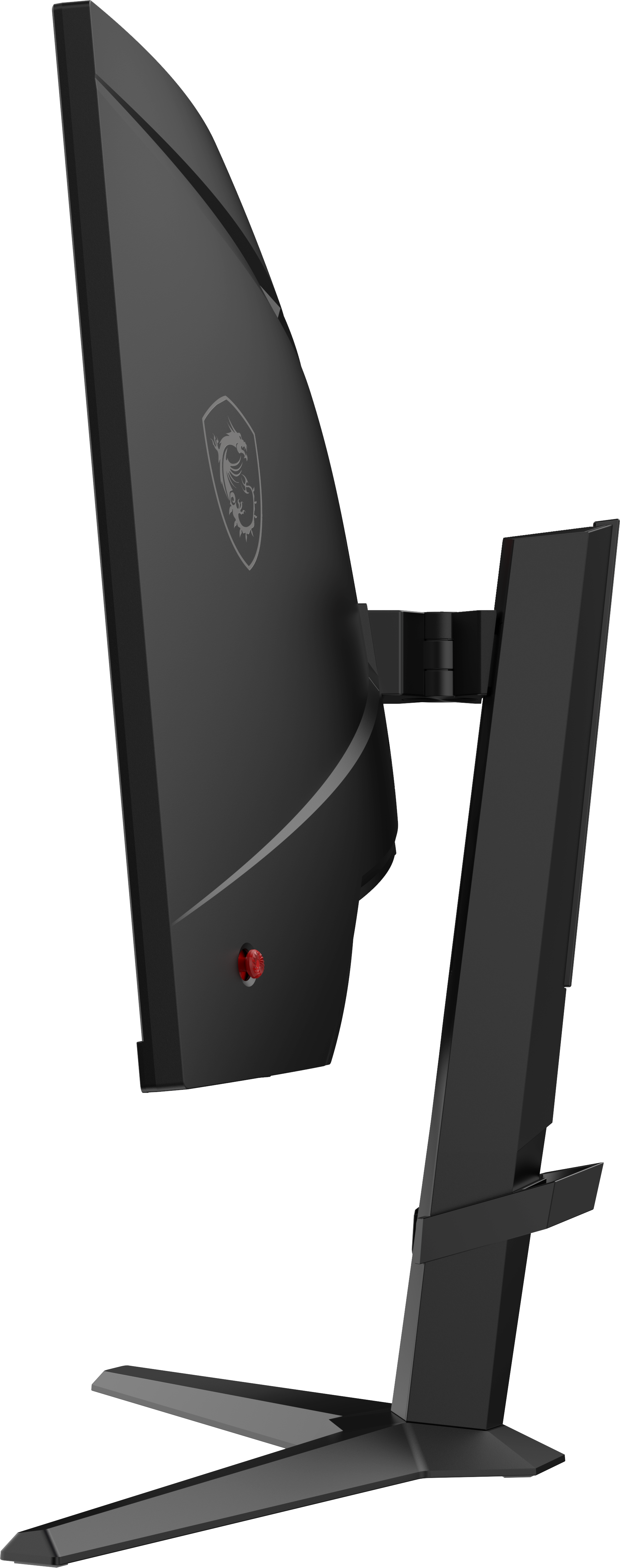 Ein schwarzer Computermonitor mit gewölbtem Bildschirm wird von der Seite gezeigt. Der Monitor hat einen Ständer und ein Logo auf der Rückseite.