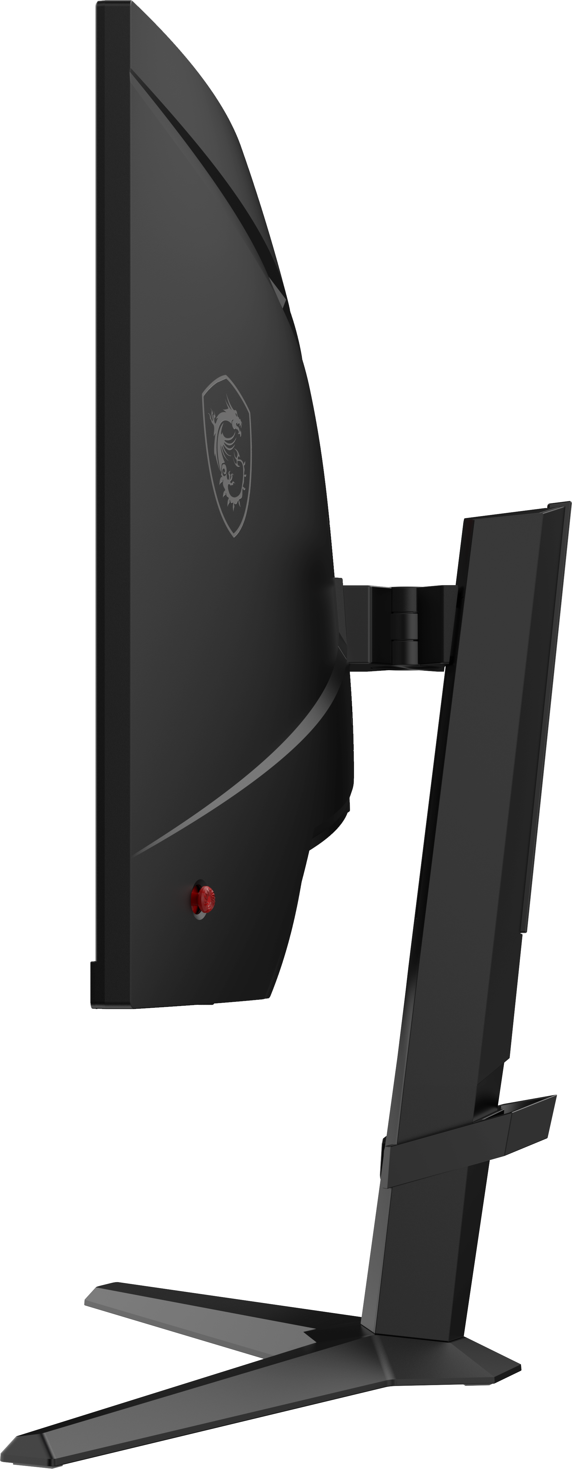 Seitenansicht eines schwarzen Computermonitors. Ein roter Power-Button ist sichtbar. Der Monitor hat ein Logo. Der Ständer ist hinten befestigt.