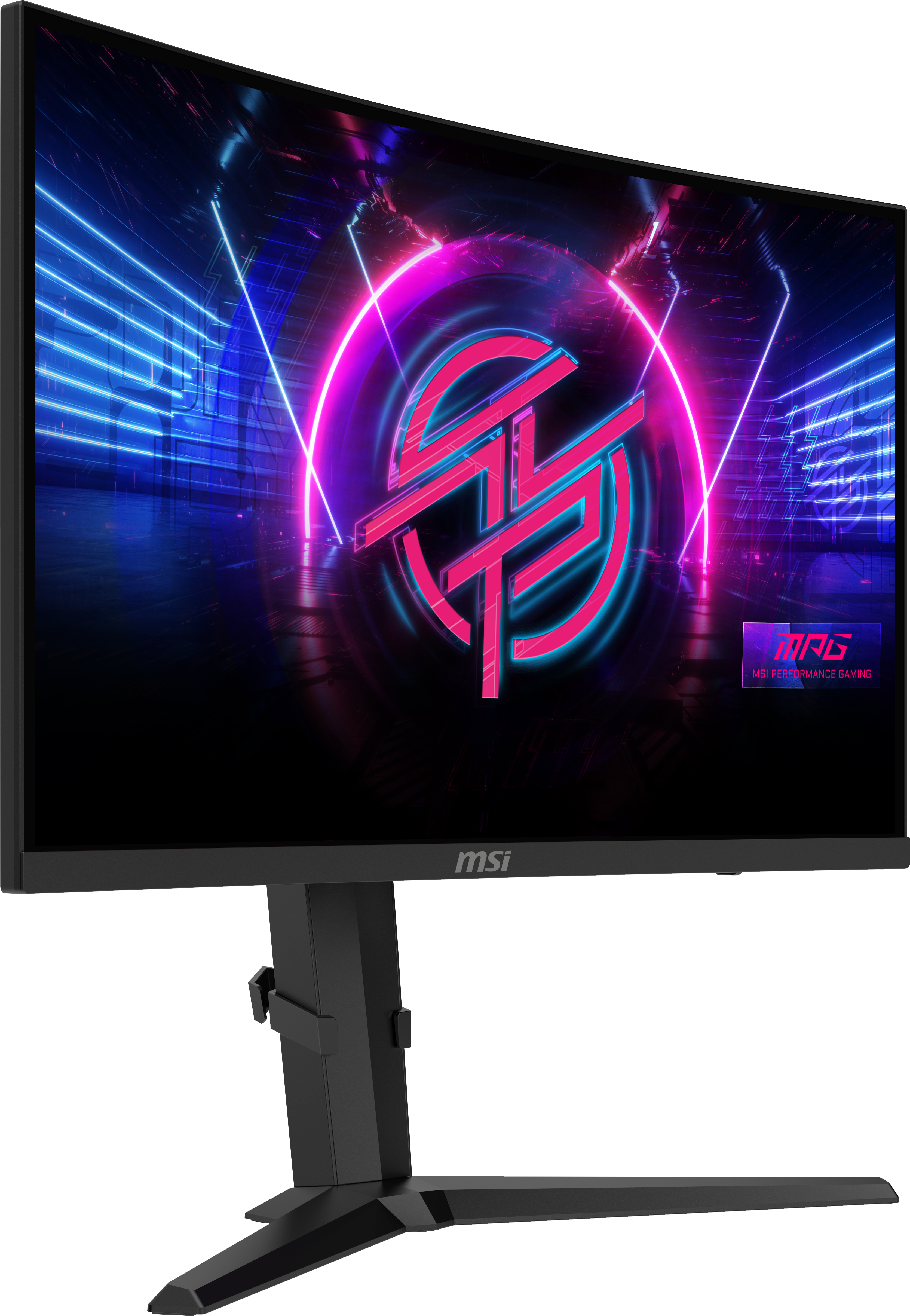 Ein geschwungener schwarzer MSI-Gaming-Monitor. Der Bildschirm zeigt eine Neon-Grafik mit dem MSI-Logo.