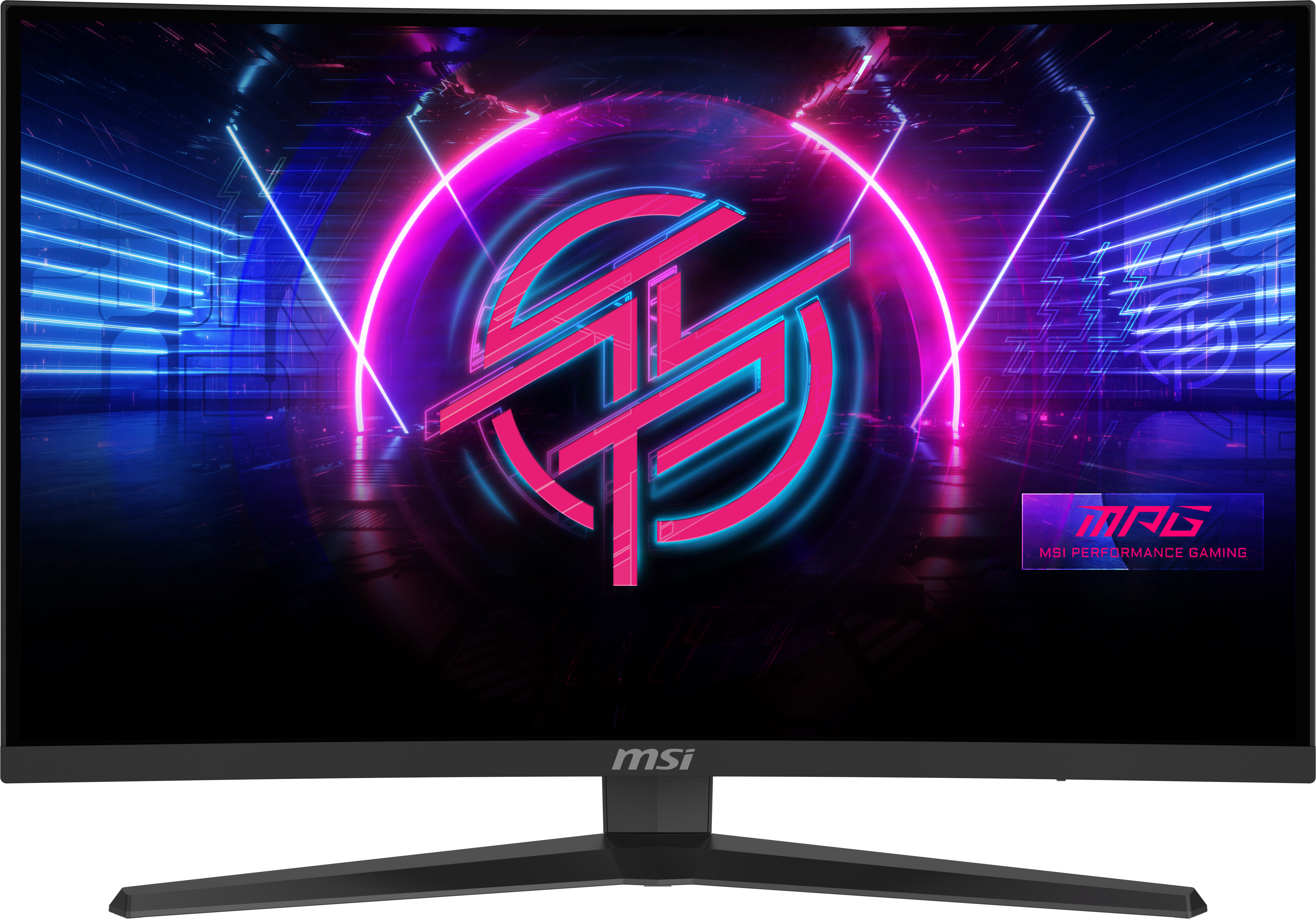 Schwarzer MSI-Gaming-Monitor zeigt ein neonbeleuchtetes Logo und Grafiken mit einem gebogenen Bildschirm und einem schwarzen Ständer.