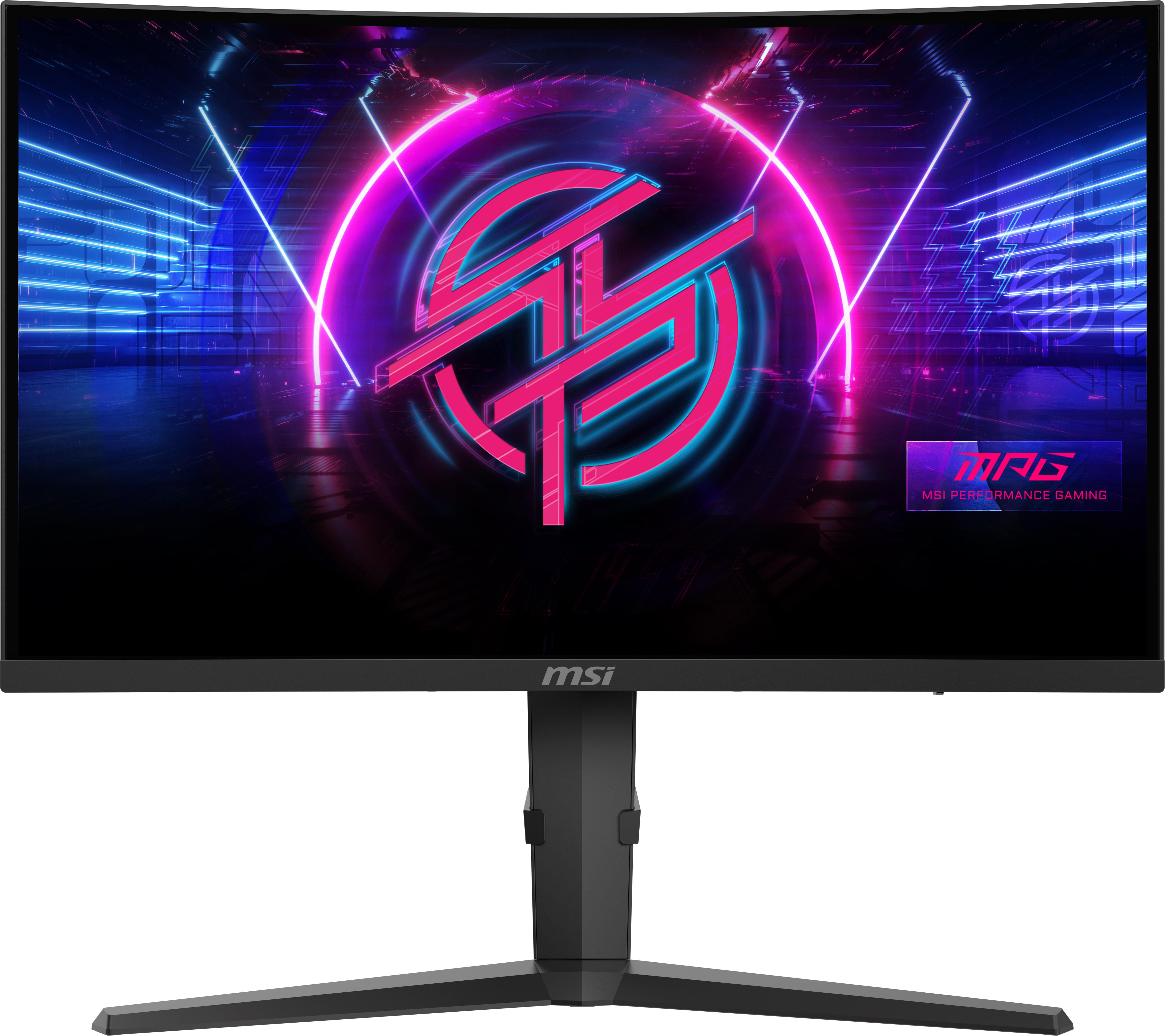 MSI Curved Gaming Monitor mit Neon-Logo und schwarzem Standfuß. Der Bildschirm zeigt ein Neon-Design.