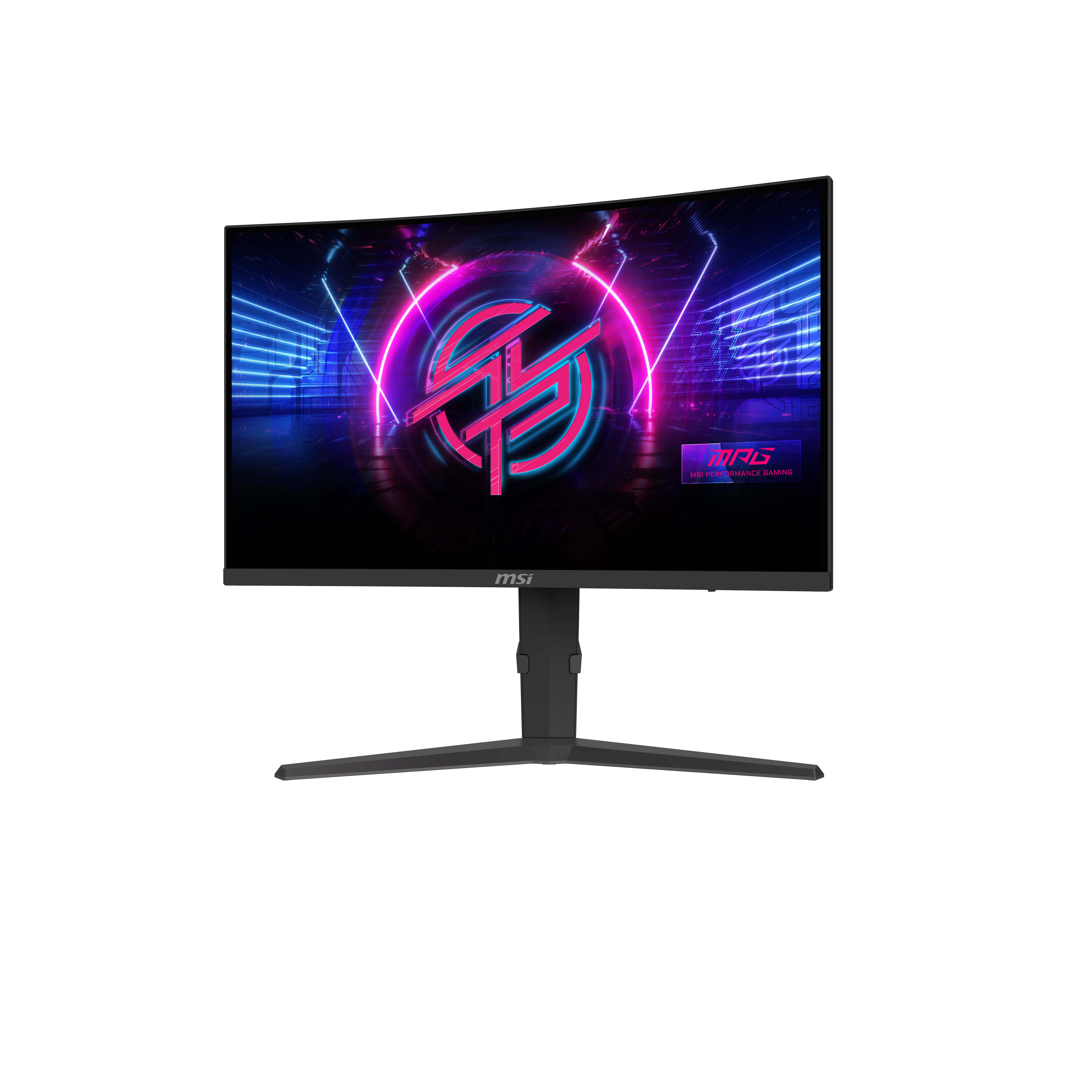 Gebogener MSI-Gaming-Monitor mit schwarzem Rahmen und Ständer. Der Bildschirm zeigt eine farbenfrohe Grafik.