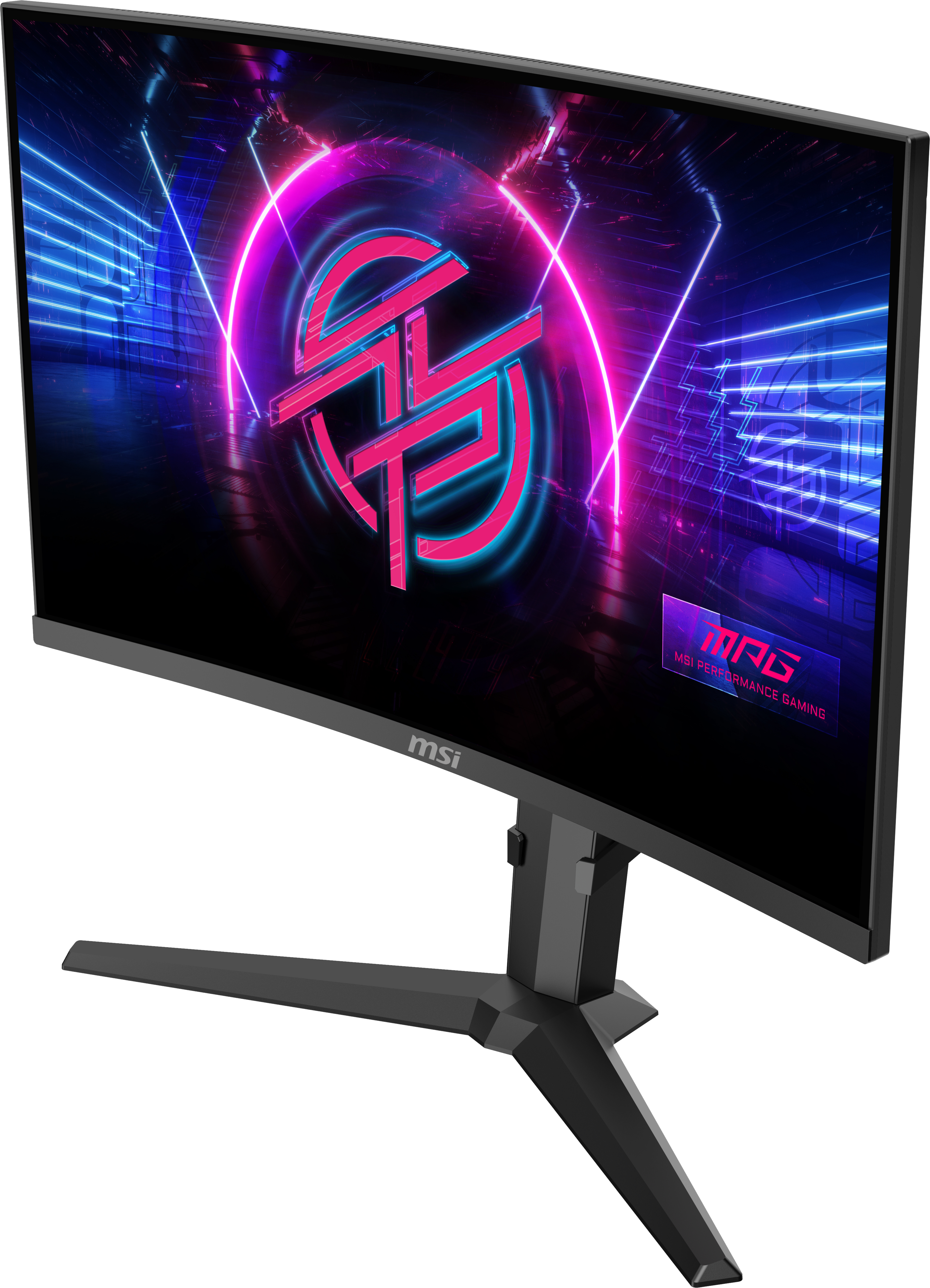 Gebogener MSI-Gaming-Monitor. Der Bildschirm zeigt ein Neon-Logo auf dunklem Hintergrund. Der Monitor hat einen schwarzen Ständer.