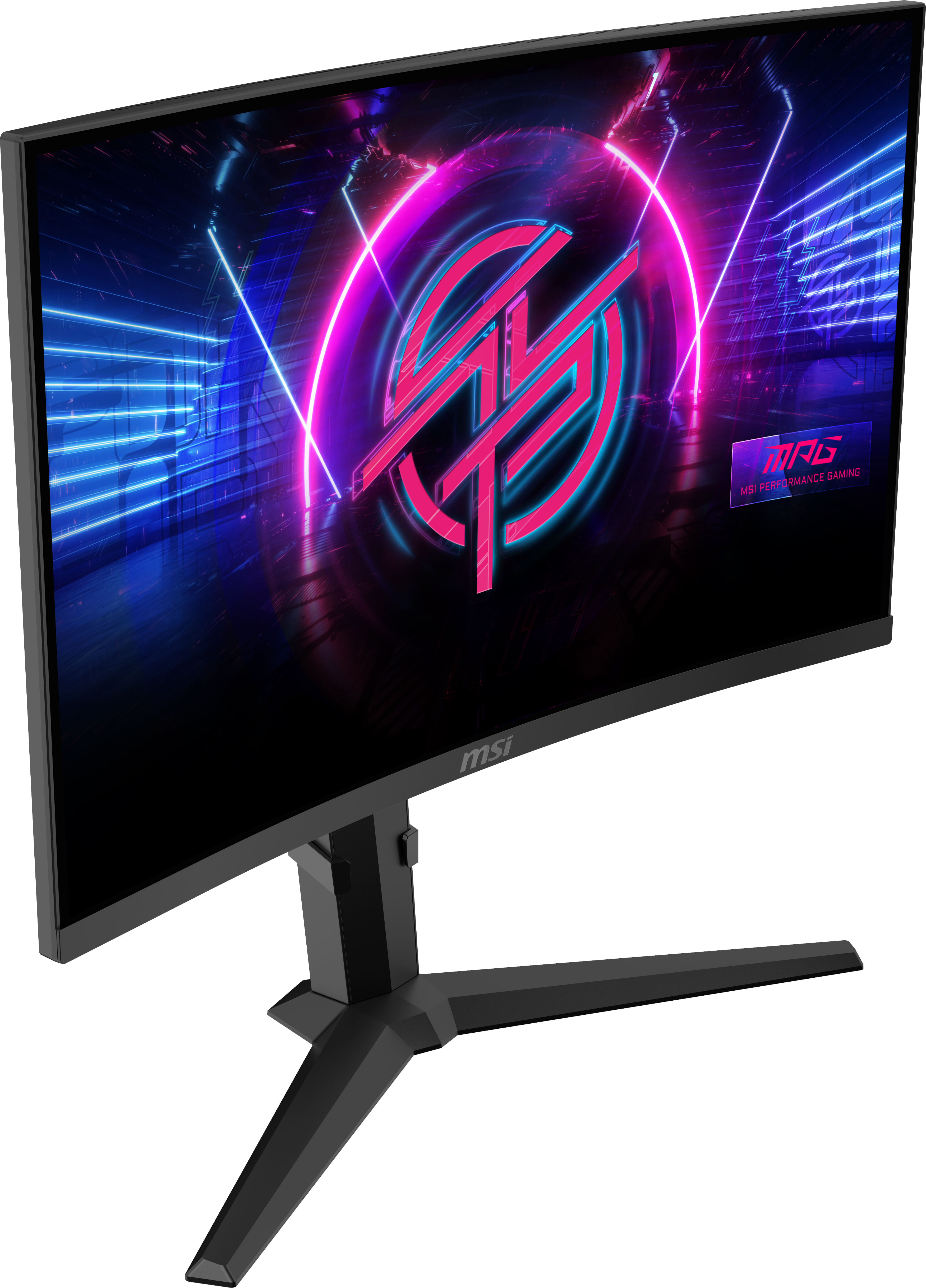 Gebogener MSI-Gaming-Monitor mit futuristischer Anzeige. Der Bildschirm zeigt ein Neon-Logo auf dunklem, abstraktem Hintergrund.