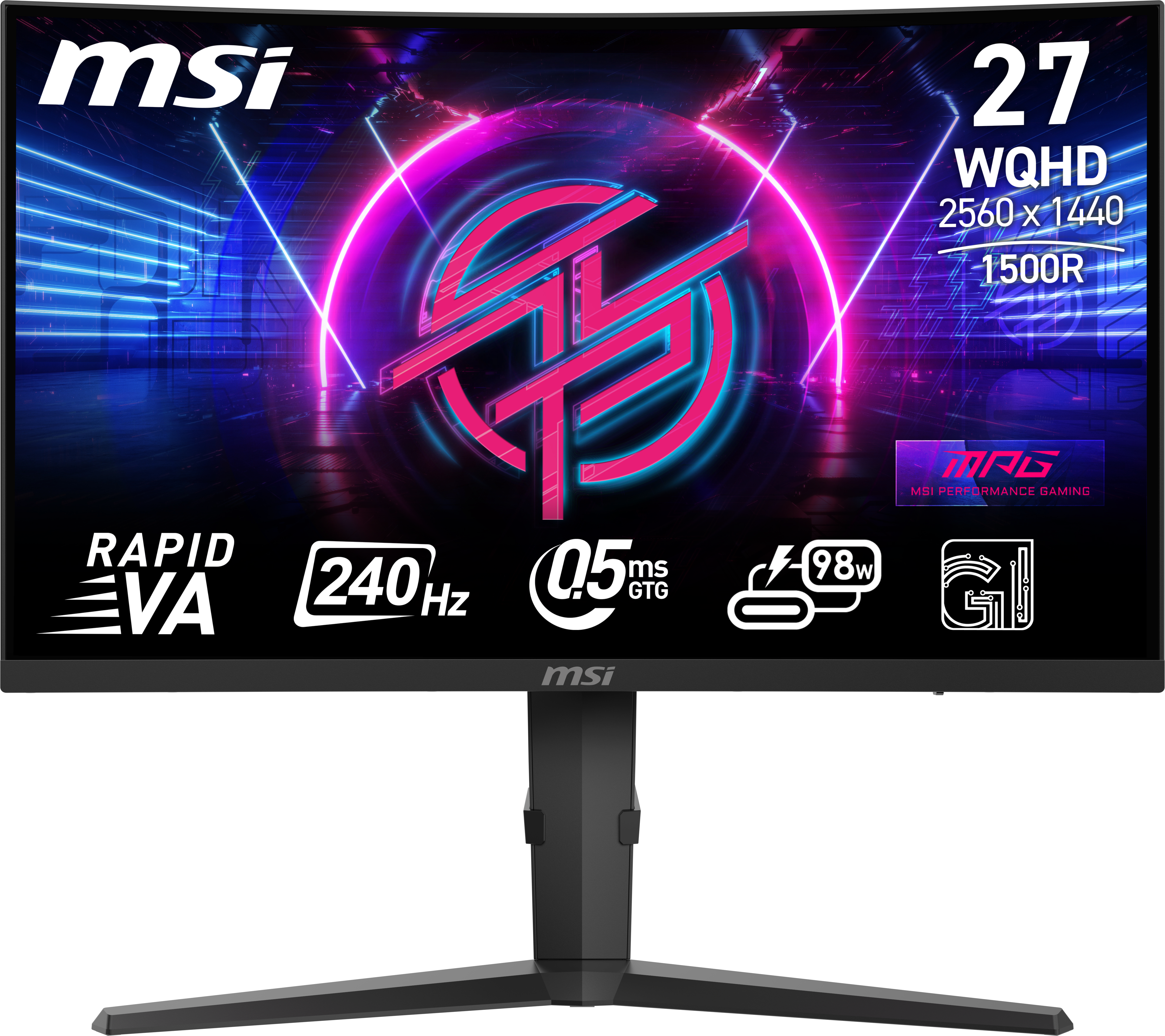 MSI 27-Zoll-Curved-Gaming-Monitor mit schwarzem Rahmen. Zeigt Spezifikationen wie WQHD, 240 Hz und MSI-Branding an.