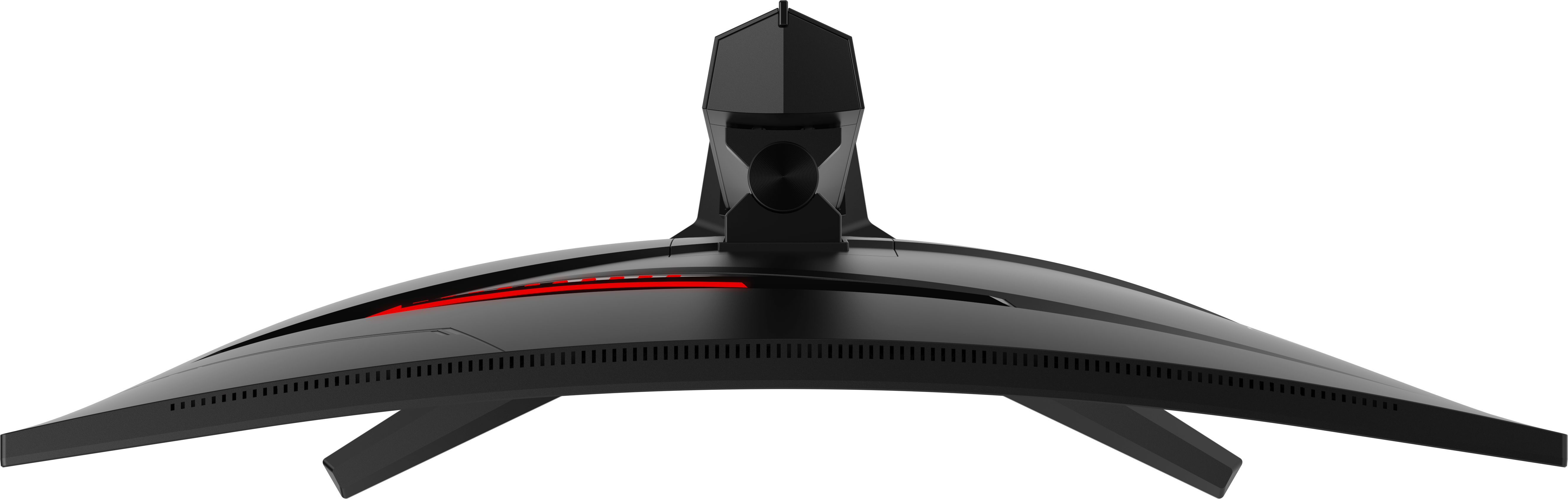 Ein gewölbter schwarzer Computermonitor mit roter Akzentfarbe. Der Sockel hat zwei Beine. Der Hintergrund ist schwarz.