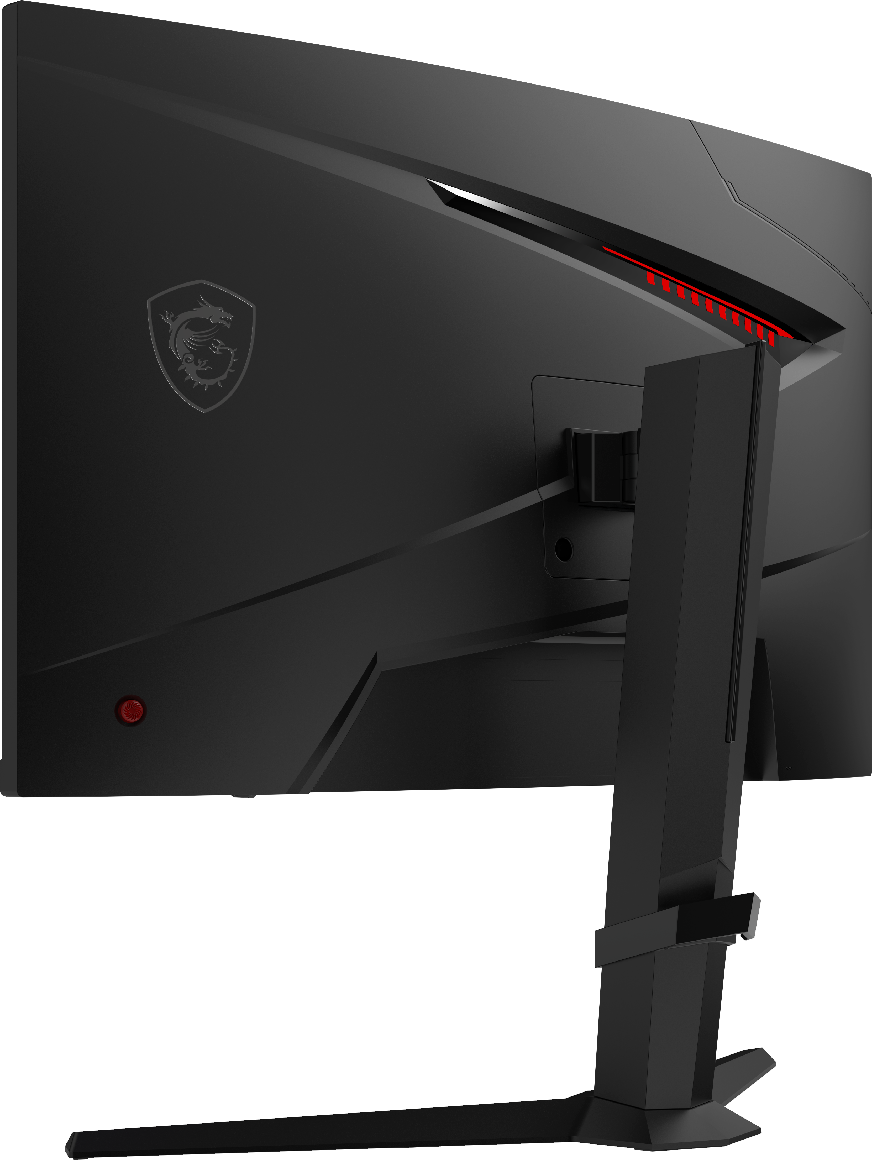 Ein schwarzer Computermonitor von hinten. Verfügt über einen roten Lichtstreifen, MSI-Logo und Ständer. Schwarzer Hintergrund.