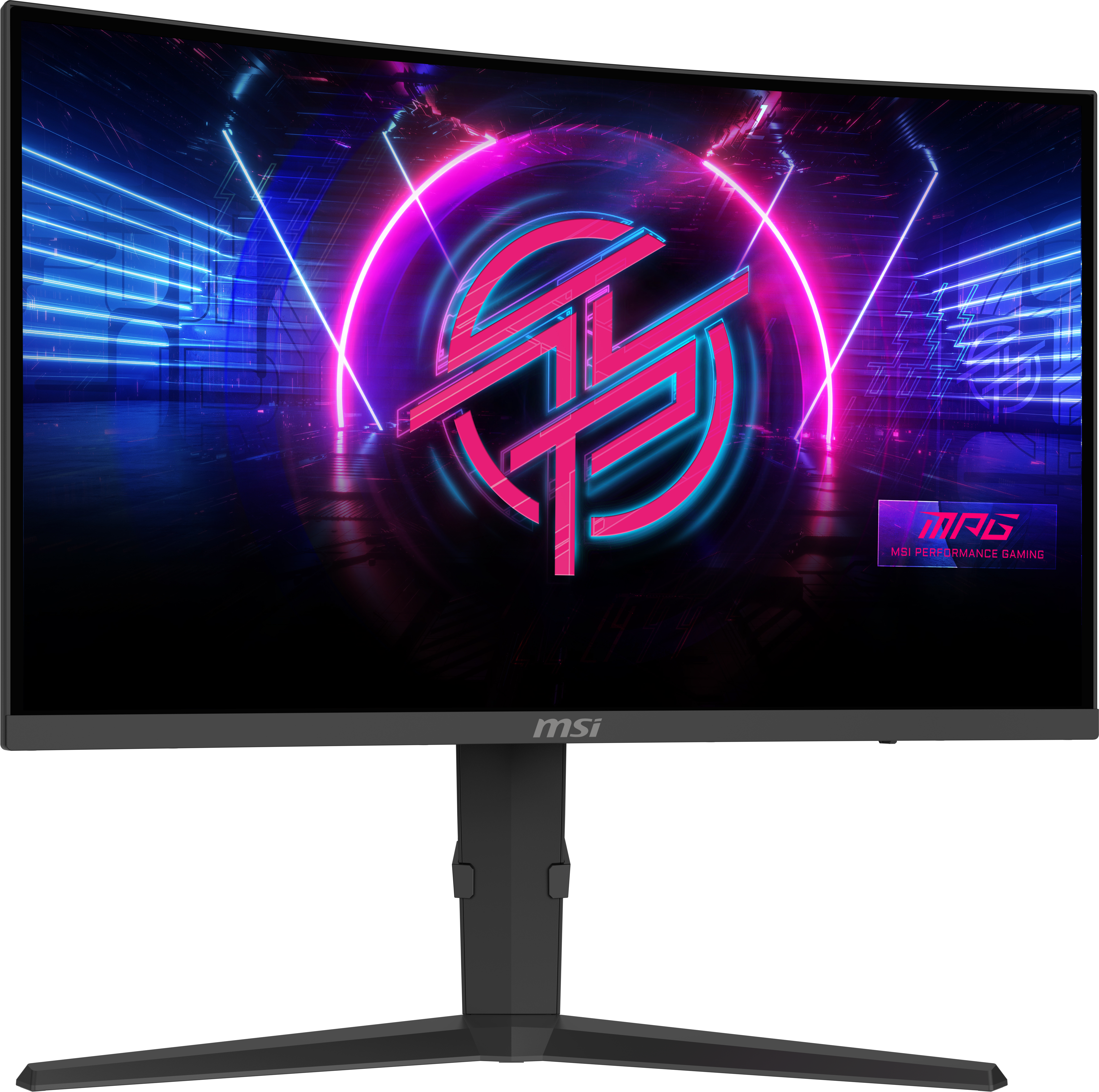 MSI Gaming-Curved-Monitor. Bildschirm zeigt eine rosa und blaue Grafik mit stilisiertem Logo. Schwarzer Rahmen und Ständer. 'msi'-Logo unten.