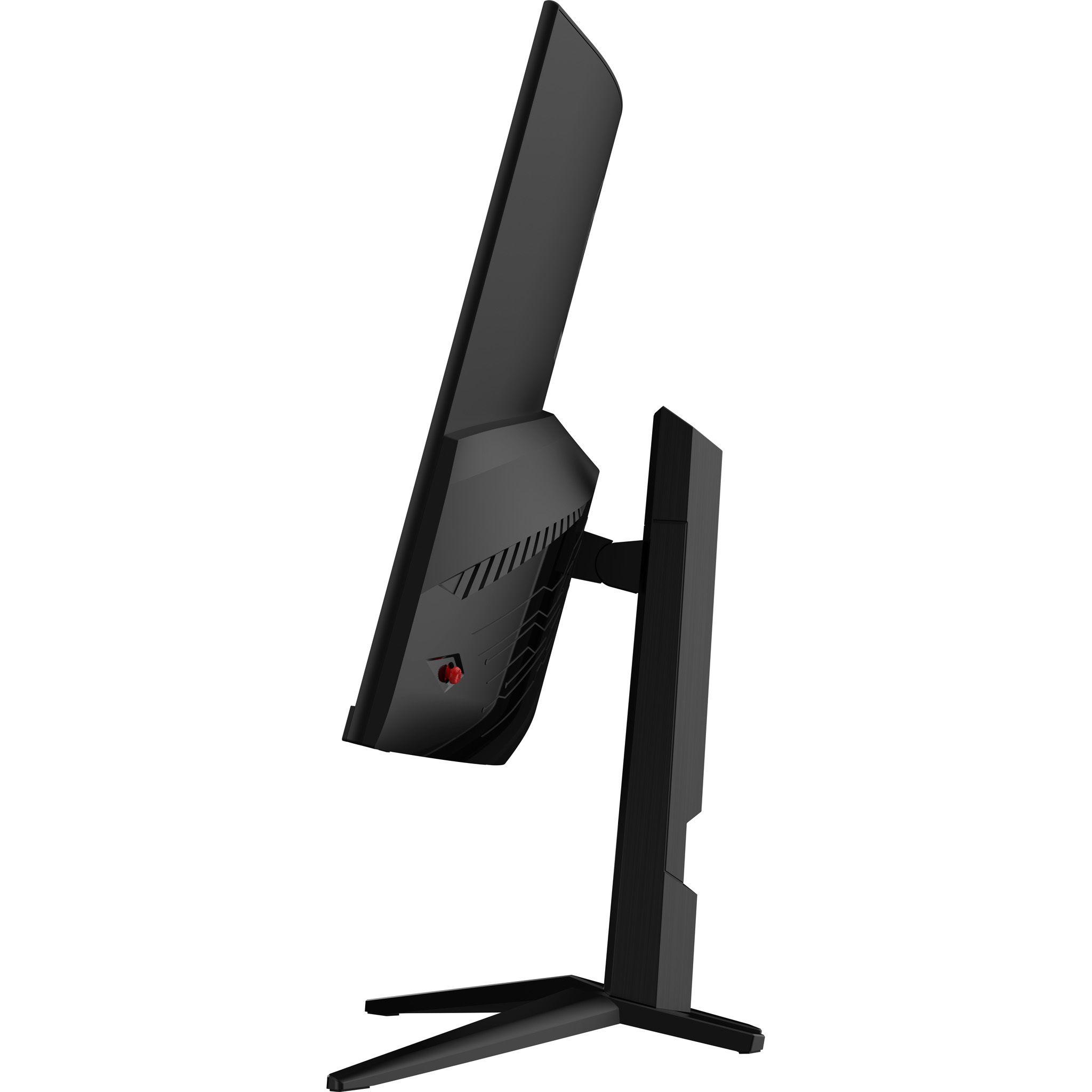 Ein schwarzer Computermonitor ist nach links abgewinkelt. Er hat einen Ständer und einen Einschaltknopf. Der Hintergrund ist weiß.