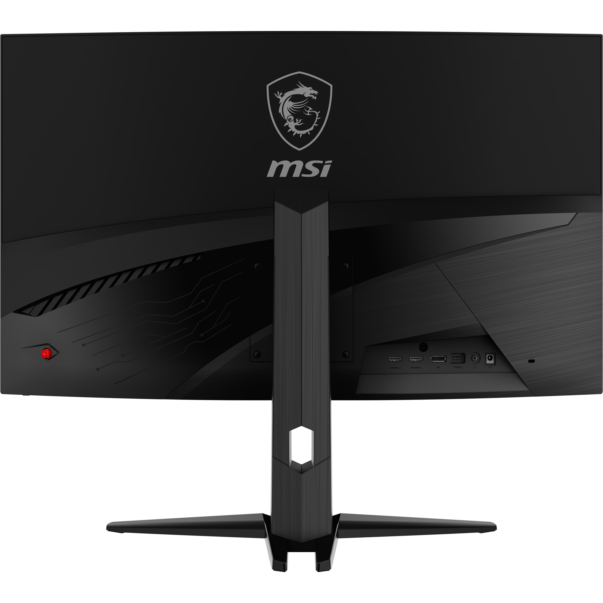Schwarzer MSI-Monitorrücken. Drachenlogo oben. Anschlüsse und Ständer sind sichtbar. Ein rotes Licht links.