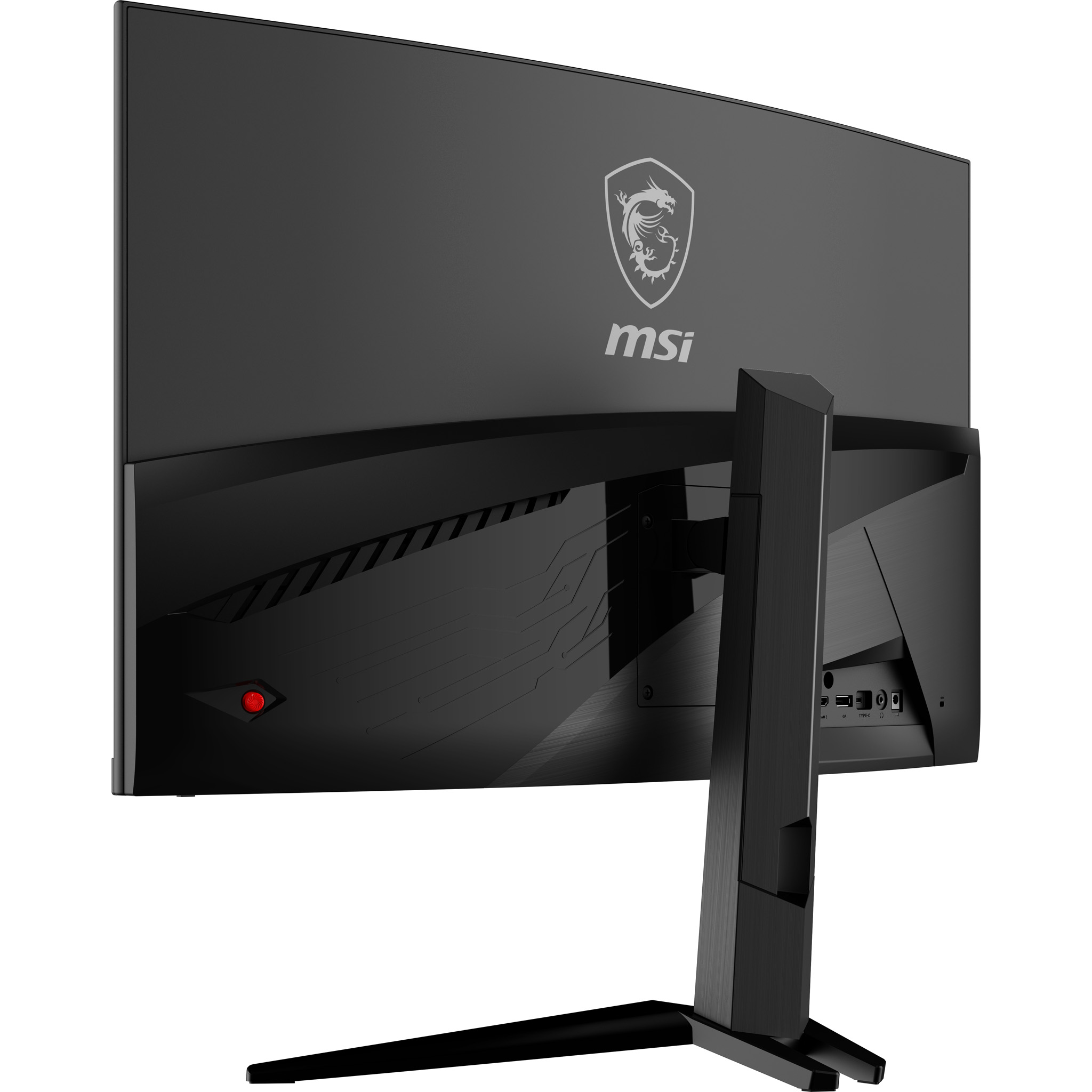 Schwarzer MSI-Curved-Monitor-Rückblick. Logo, Anschlüsse und Ständer. Roter Power-Knopf. Weißer Hintergrund.