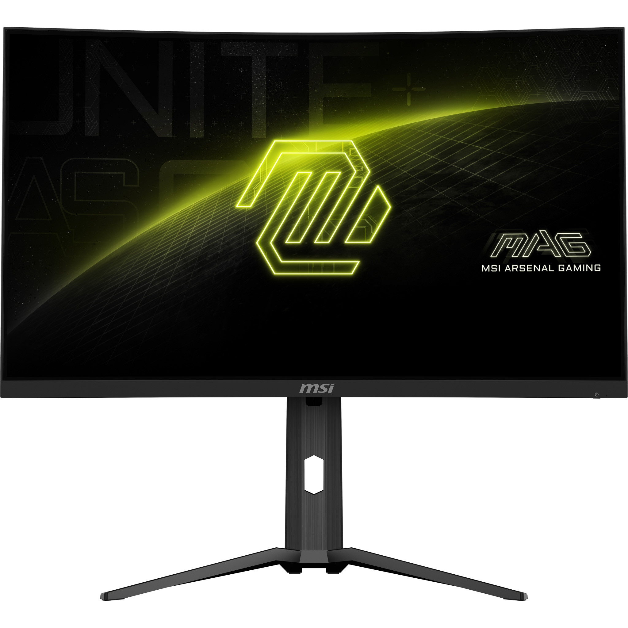 Ein gebogener MSI-Gaming-Monitor zeigt ein neongrünes Logo und Text vor schwarzem Hintergrund. Der Monitor steht auf einem schwarzen Ständer.