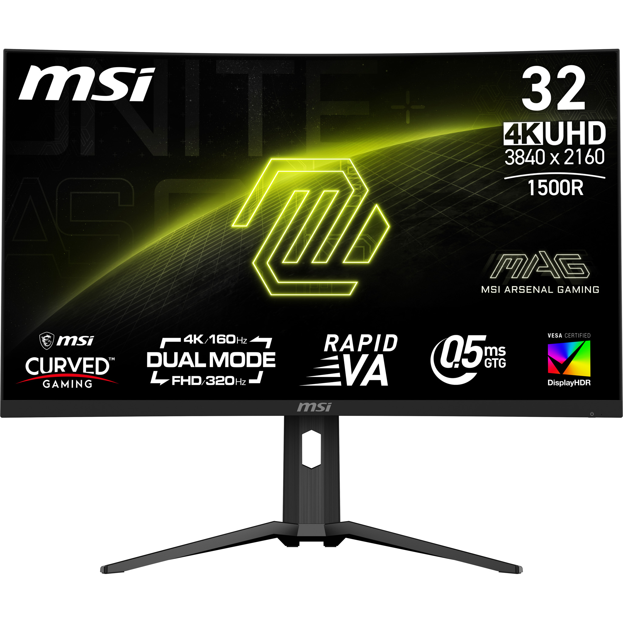 MSI Curved Gaming Monitor. Schwarzer Rahmen, gelbe Akzente. Merkmale: 4K UHD, 1500R und Rapid VA. Schwarzer Ständer.