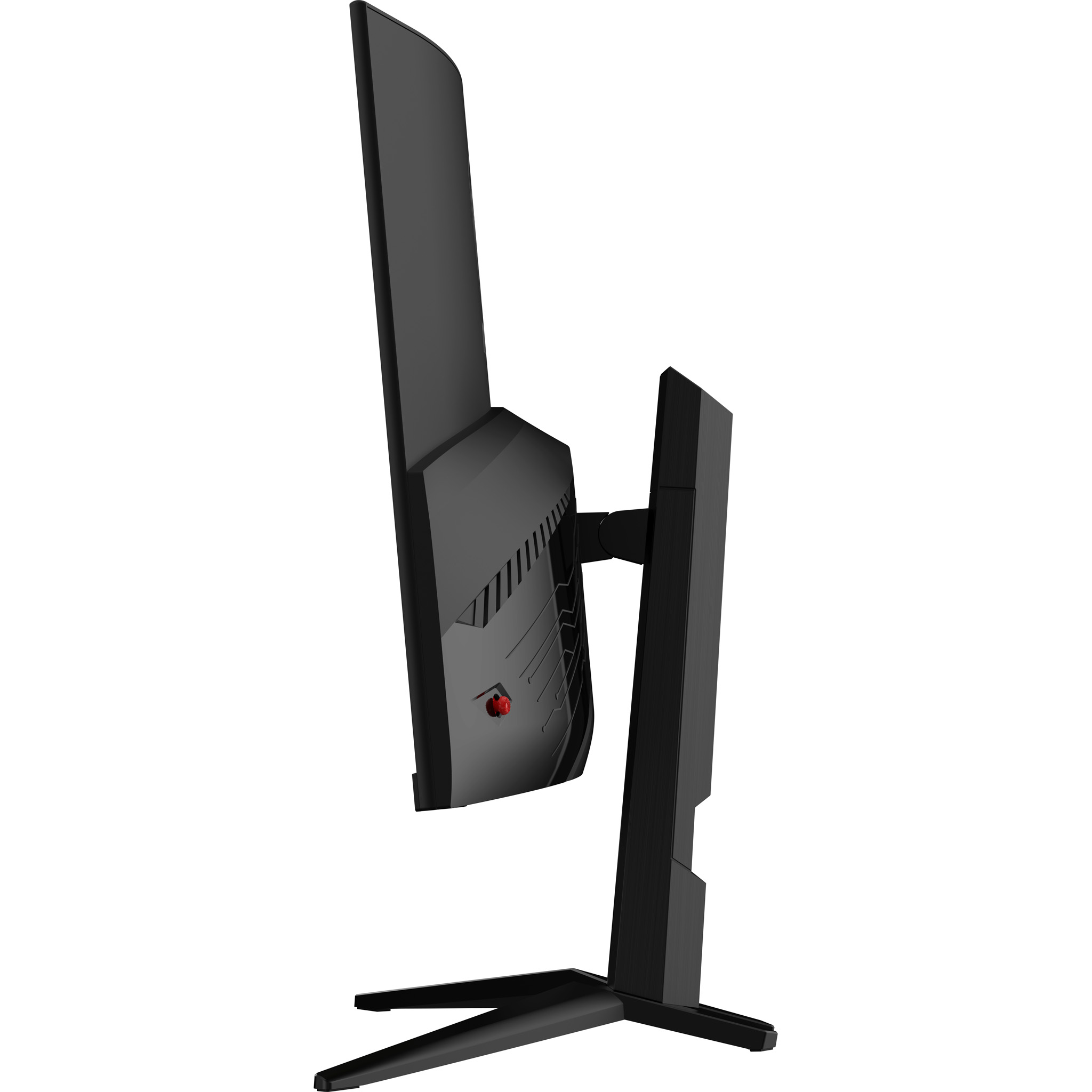 Ein schwarzer Gaming-Monitor mit gebogenem Bildschirm und rotem Knopf.