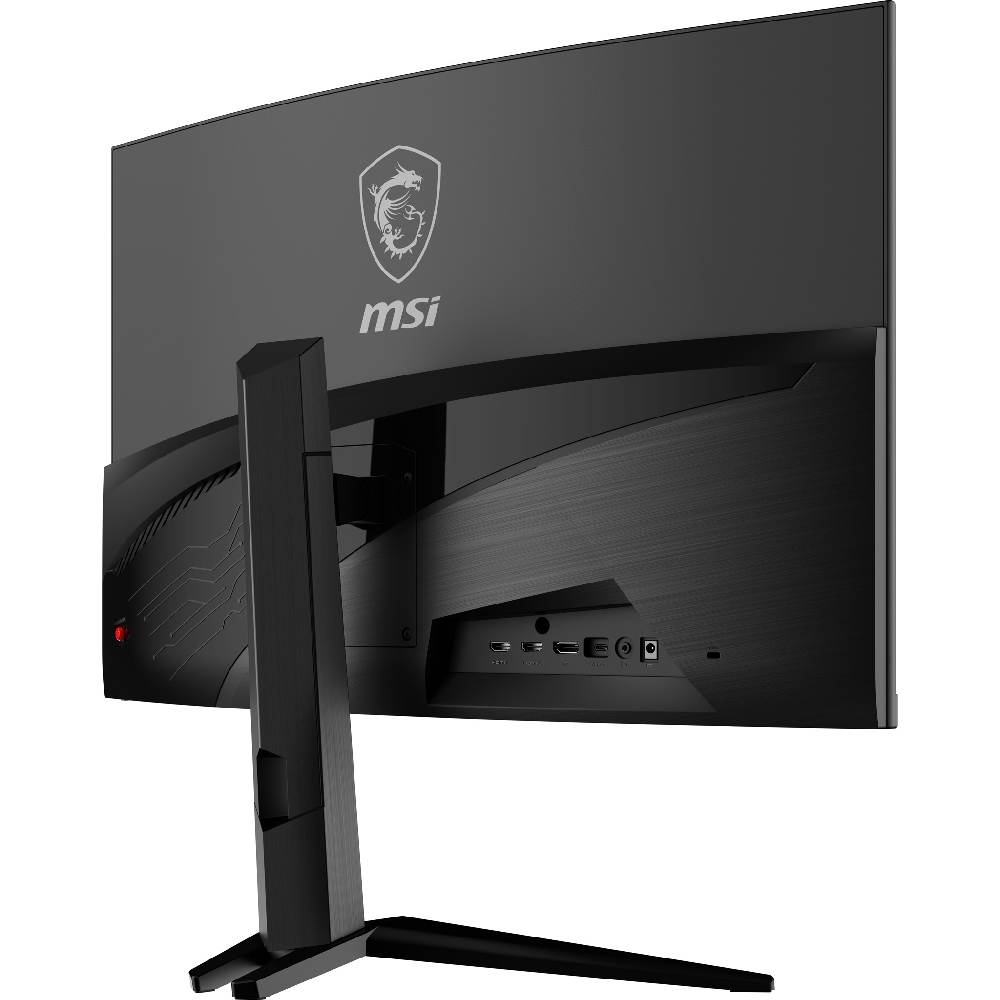Schwarzer, gebogener MSI-Gaming-Monitor. Die Rückseite zeigt Anschlüsse, Ständer und Logo. Weißer Hintergrund.