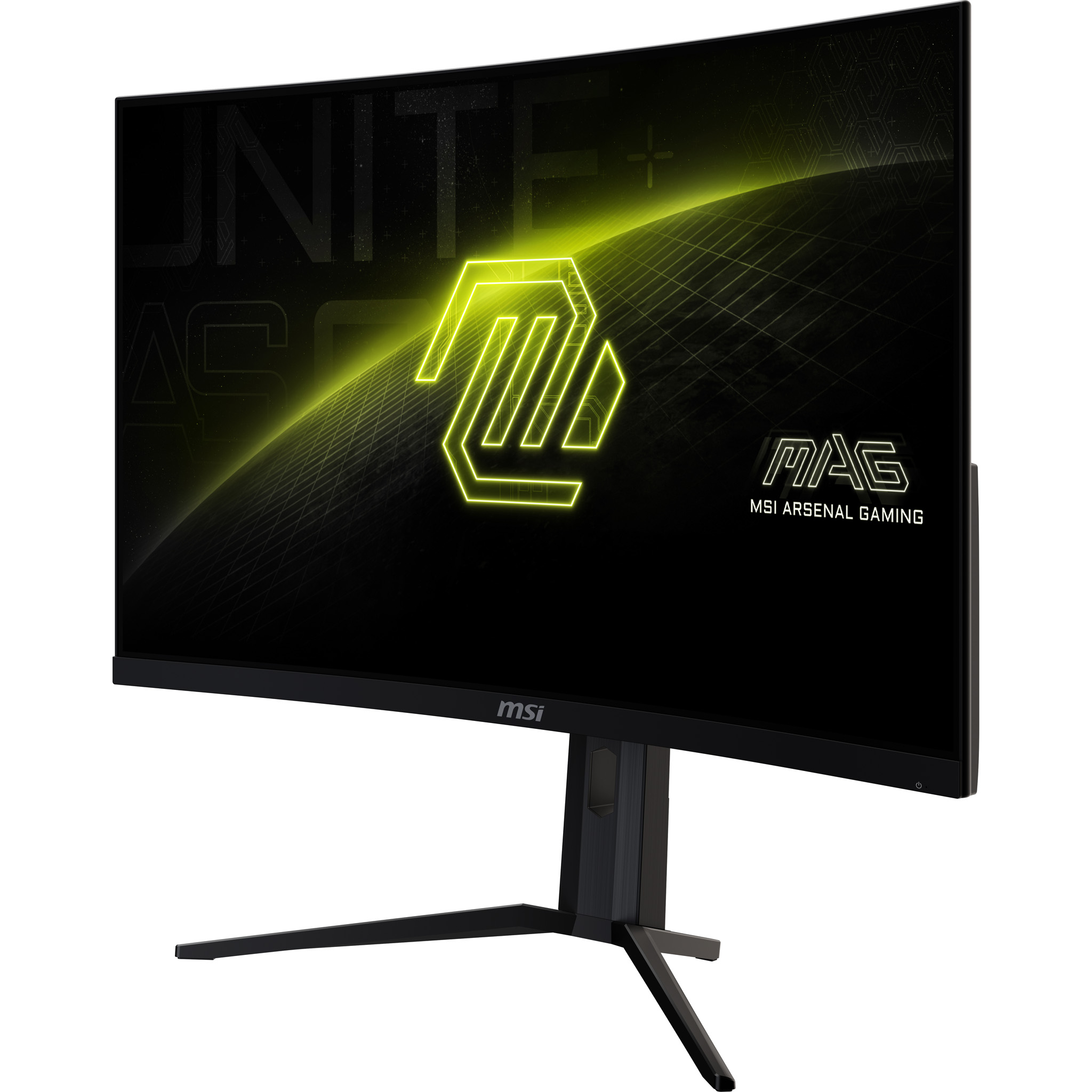 MSI-Gaming-Monitor. Schwarzer, gewölbter Bildschirm mit Logo und Text. Ständer und Rahmen sind schwarz.