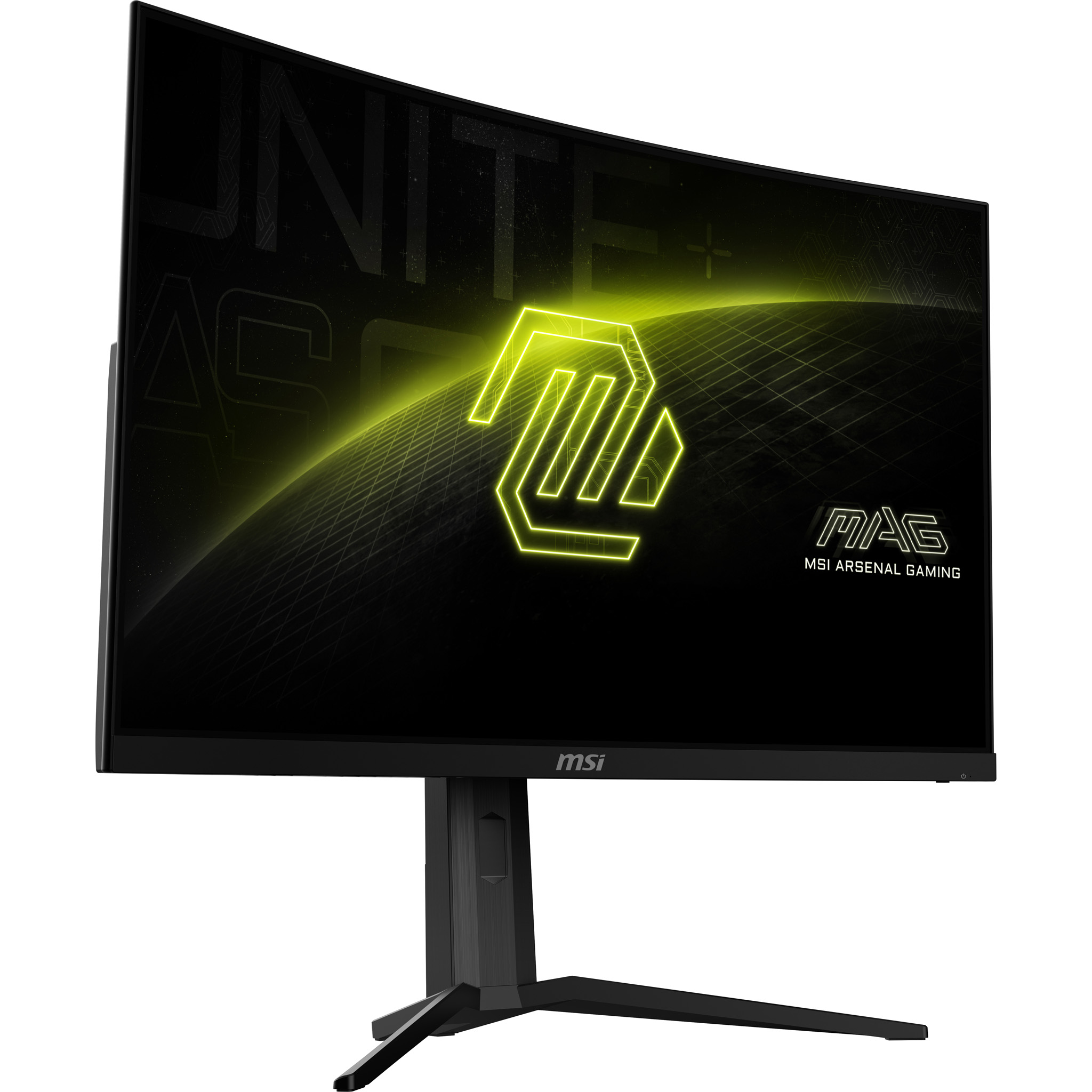 Ein schwarzer MSI Gaming Monitor mit leuchtend gelbem Logo und Gittermuster.