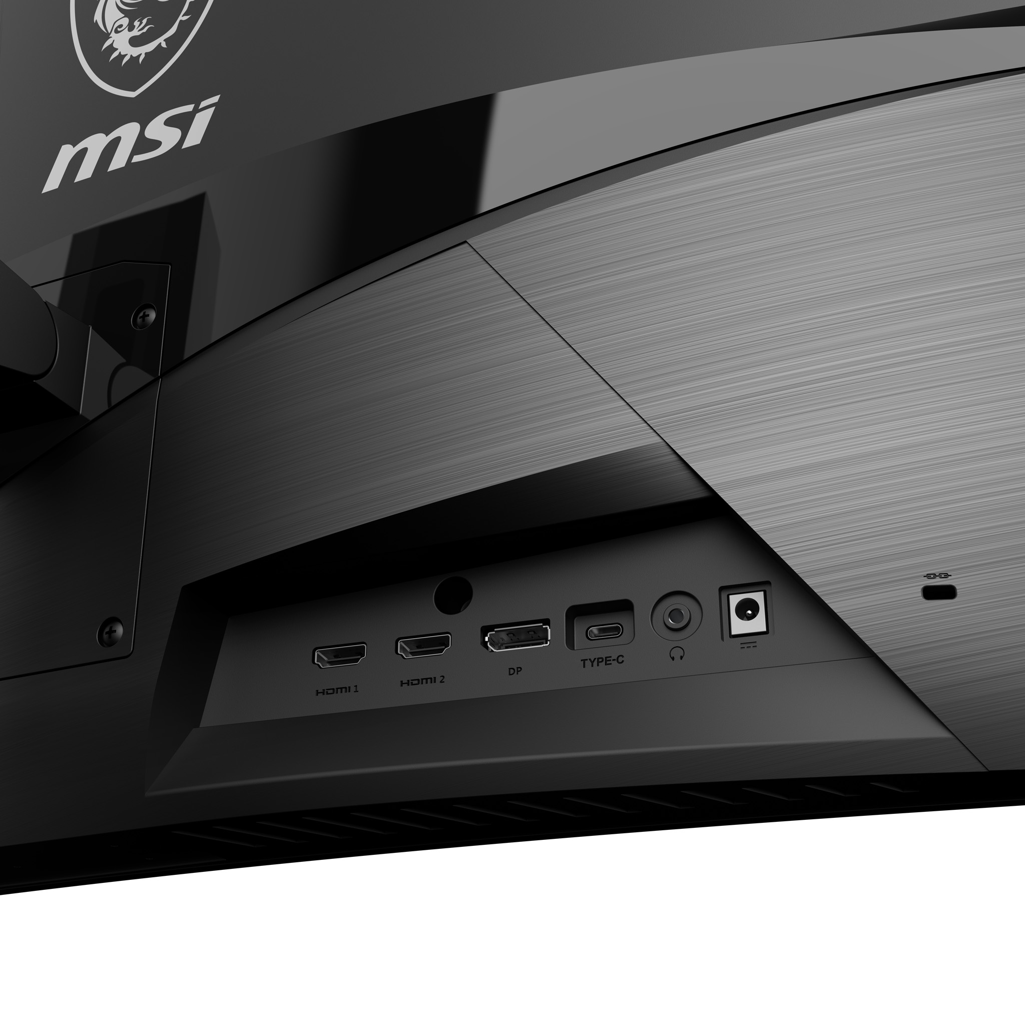 Nahaufnahme eines schwarzen MSI-Monitors. Sichtbare Anschlüsse: HDMI, DP, Typ-C, Audioanschluss und Strom. Die Oberfläche hat Metallstruktur.