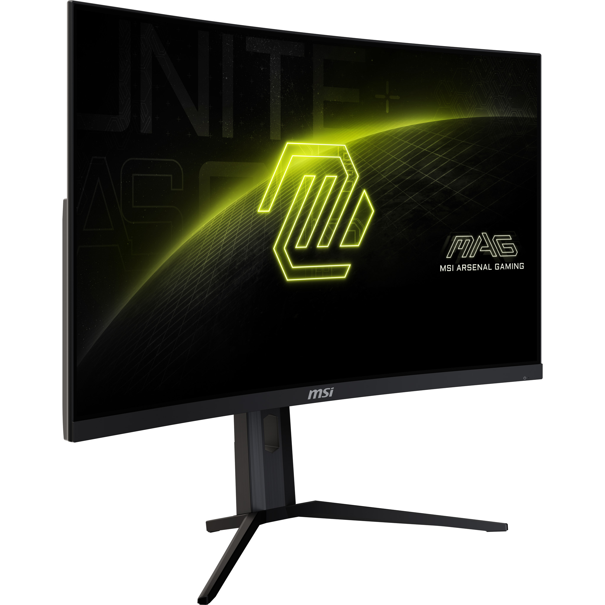 Ein schwarzer MSI-Gaming-Monitor mit gelbem Logo und Text auf schwarzem Hintergrund. Der Monitor steht auf einem schwarzen Ständer.